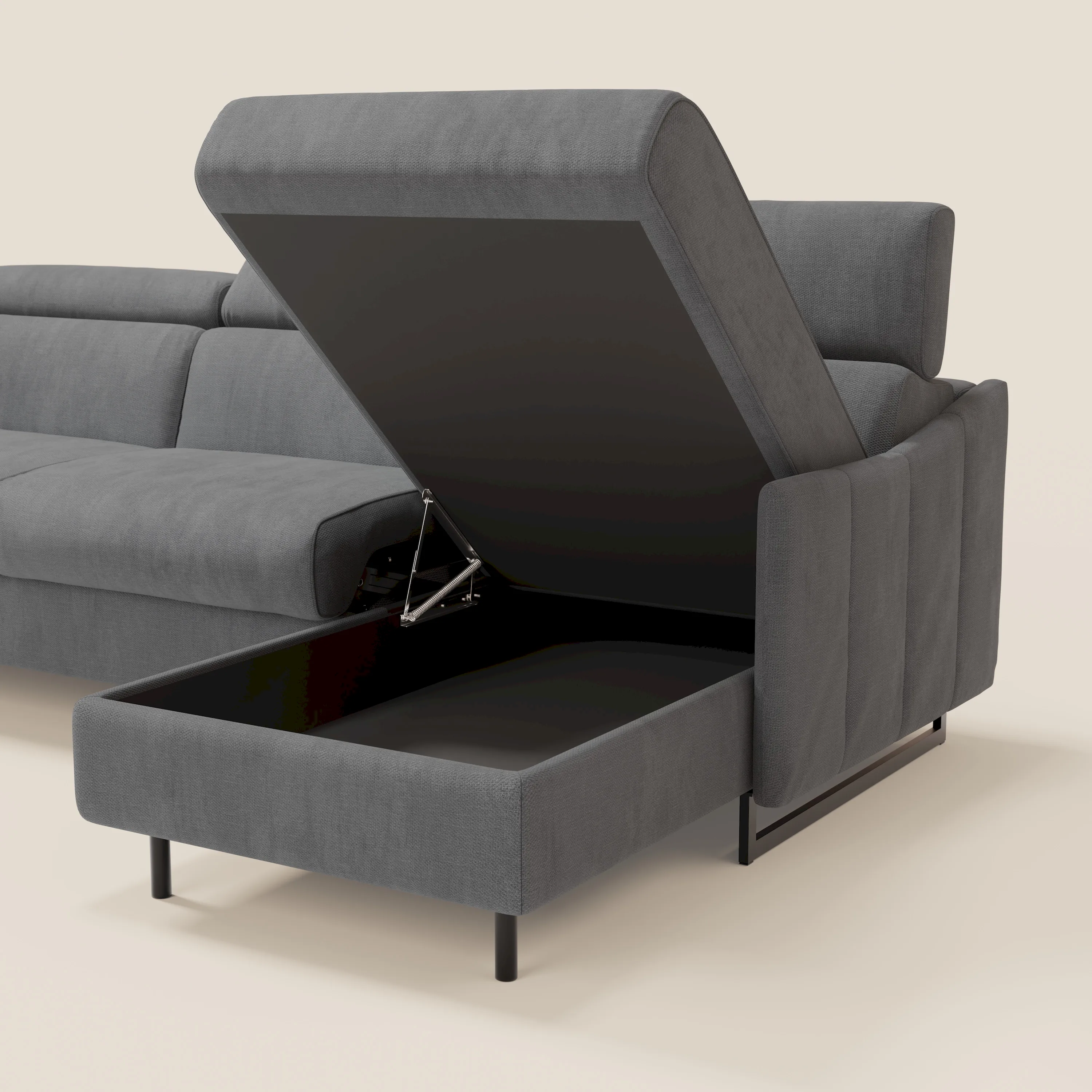 Loto Canapé d'angle convertible avec chaise longue coffre, têtières et matelas H 18 cm en tissu doux imperméable T14 gris - Image 5