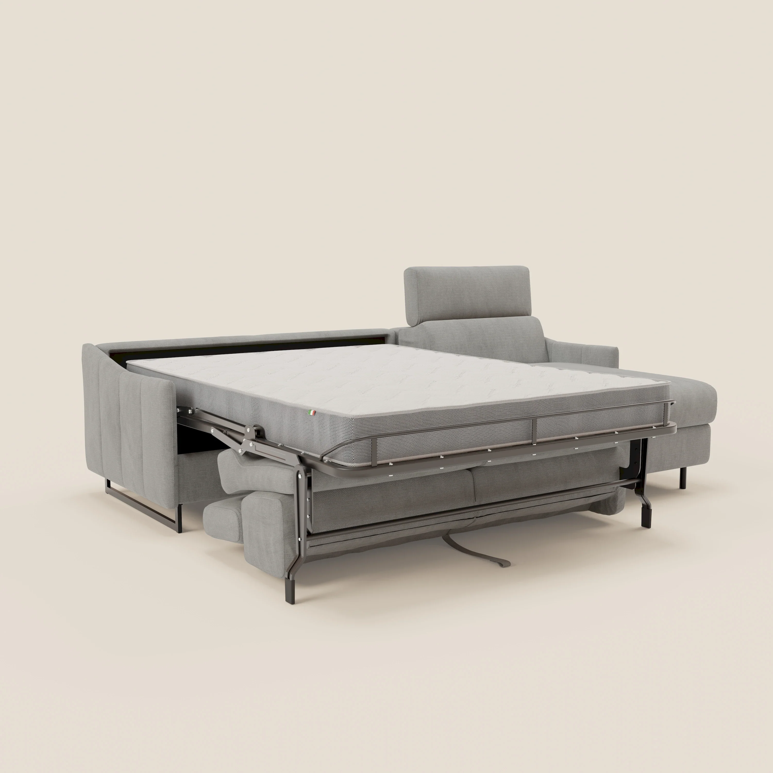 Loto Canapé d'angle convertible avec chaise longue coffre, têtières et matelas H 18 cm en tissu doux imperméable T14 gris clair - Image 11