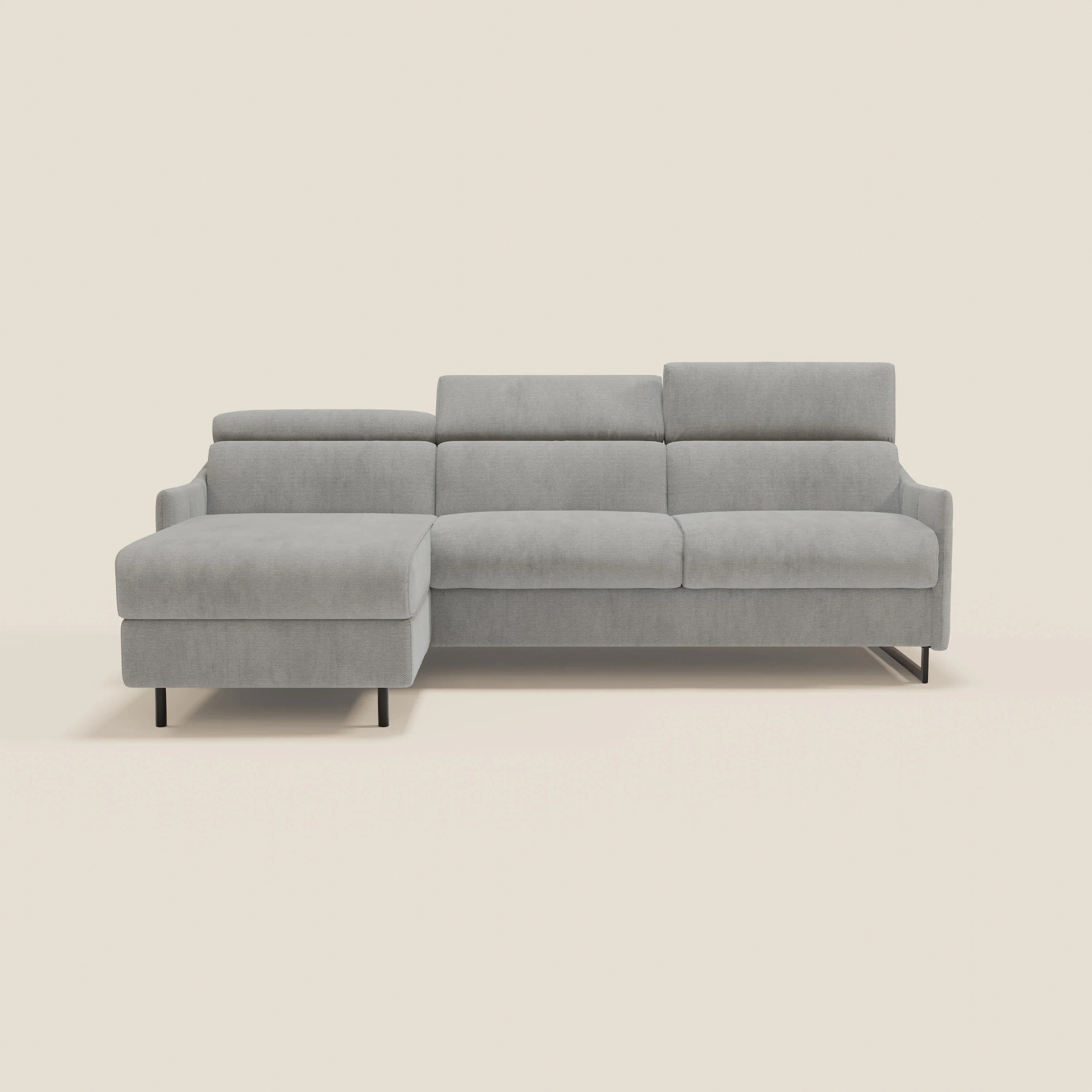 Loto Canapé d'angle convertible avec chaise longue coffre, têtières et matelas H 18 cm en tissu doux imperméable T14 gris clair - Image 12