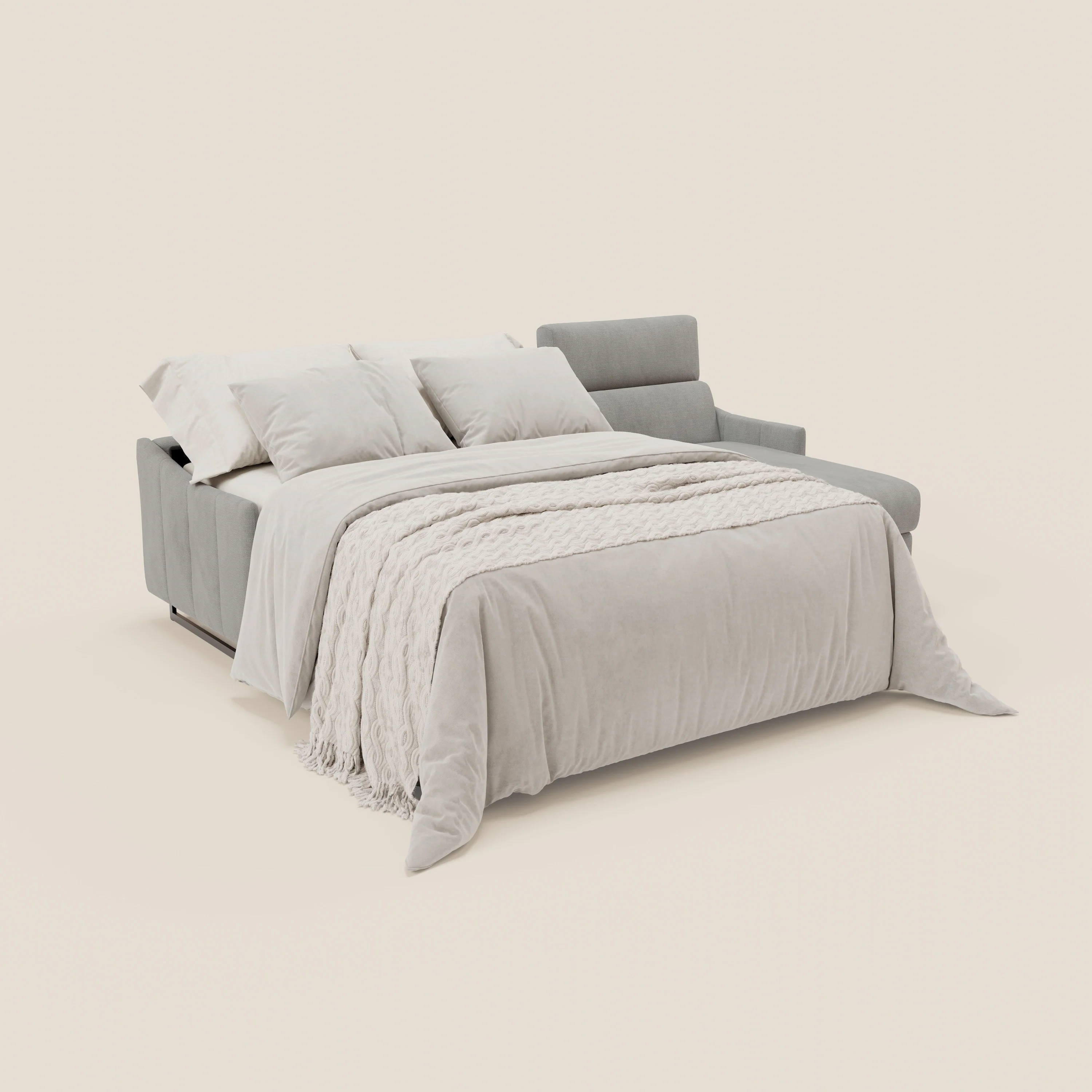 Loto Canapé d'angle convertible avec chaise longue coffre, têtières et matelas H 18 cm en tissu doux imperméable T14 gris clair - Image 2
