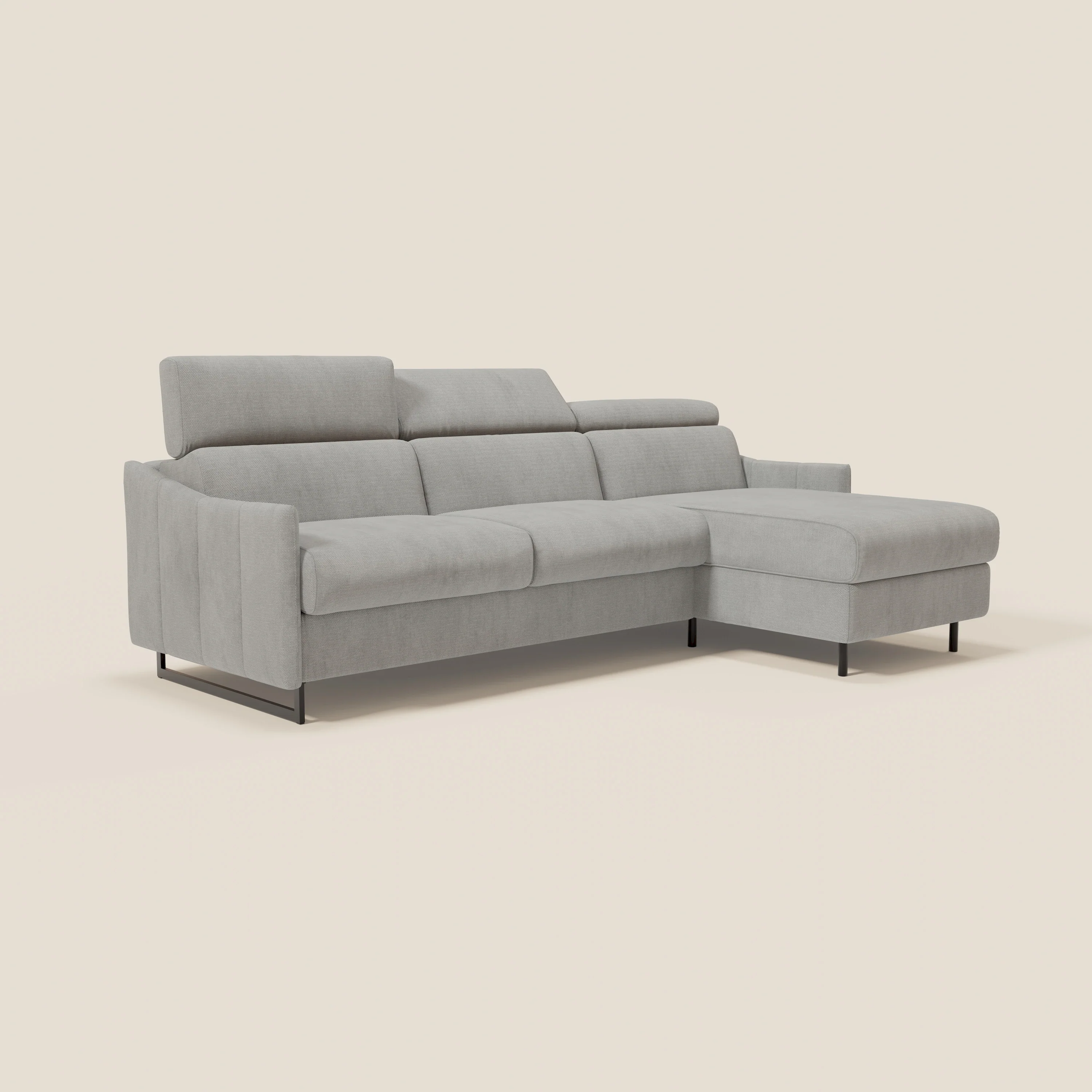 Loto Canapé d'angle convertible avec chaise longue coffre, têtières et matelas H 18 cm en tissu doux imperméable T14 gris clair - Image 3