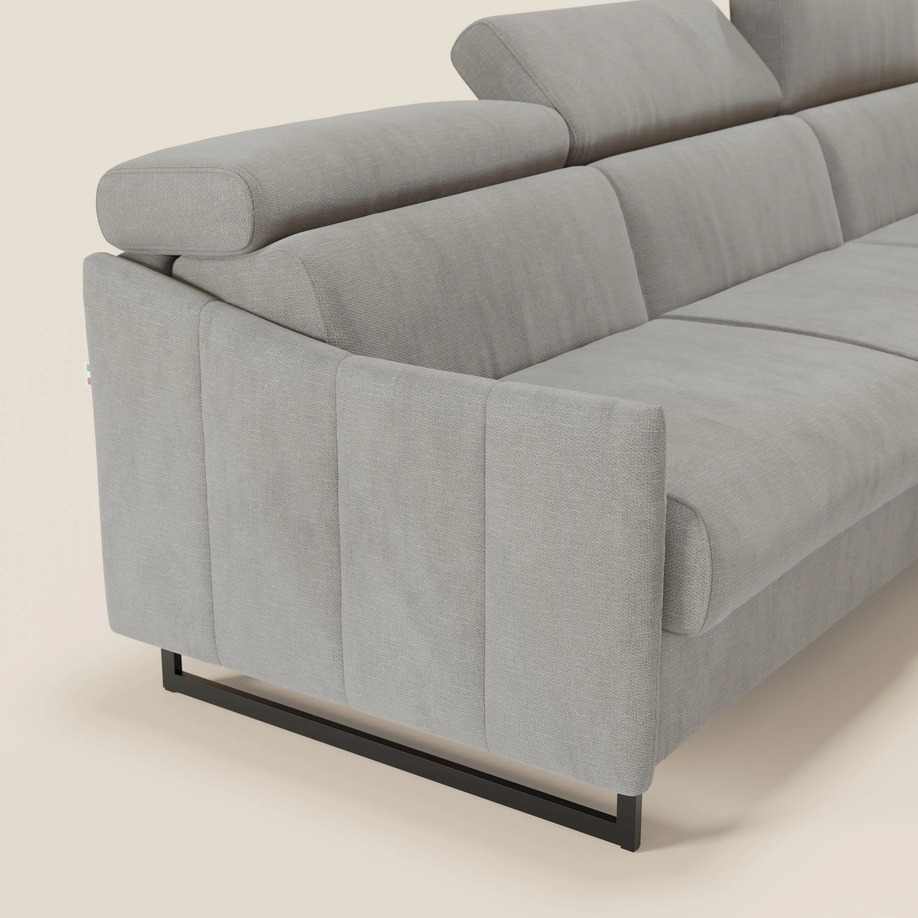 Loto Canapé d'angle convertible avec chaise longue coffre, têtières et matelas H 18 cm en tissu doux imperméable T14 gris clair - Image 4