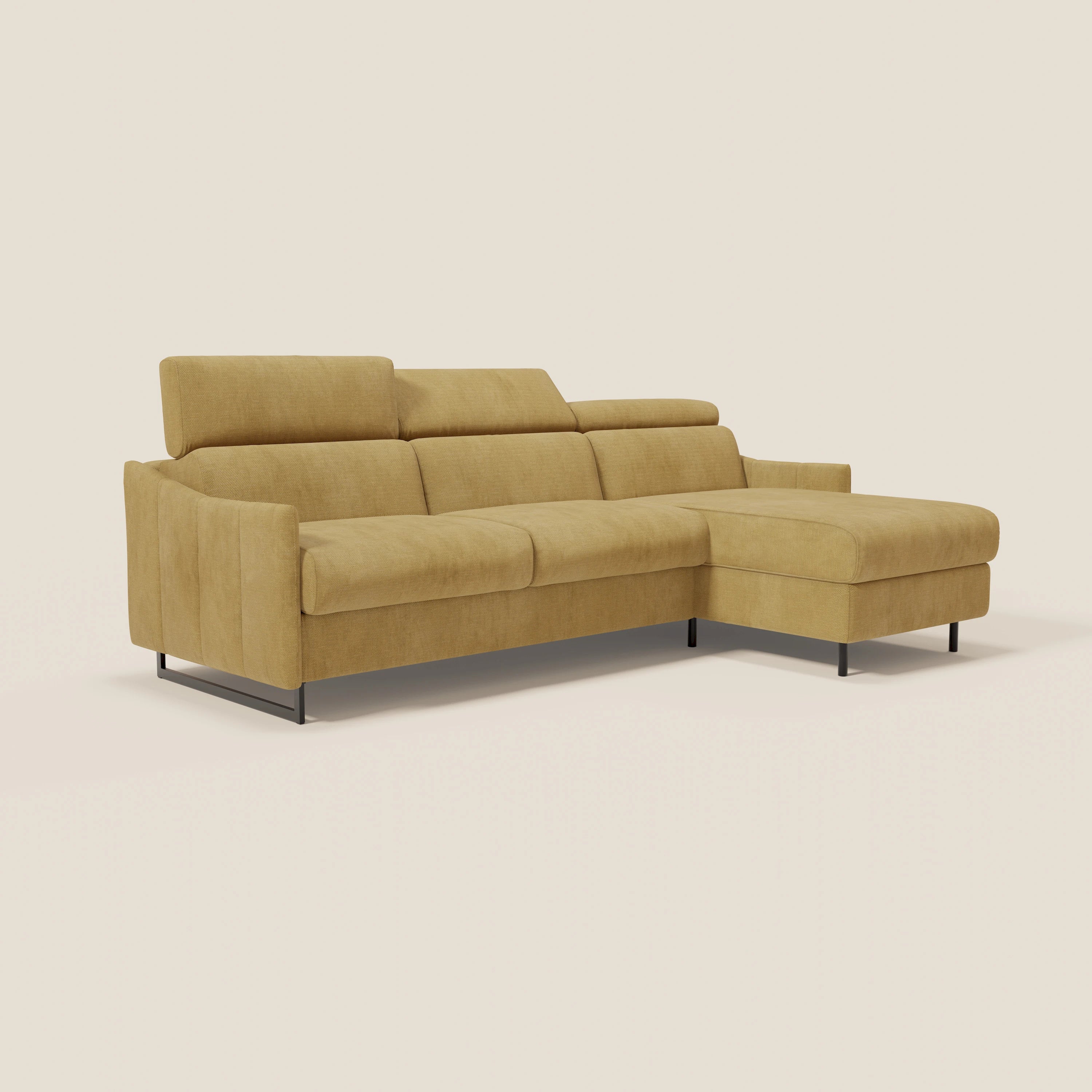 Loto Canapé d'angle convertible avec chaise longue coffre, têtières et matelas H 18 cm en tissu doux imperméable T14 jaune - Image 3
