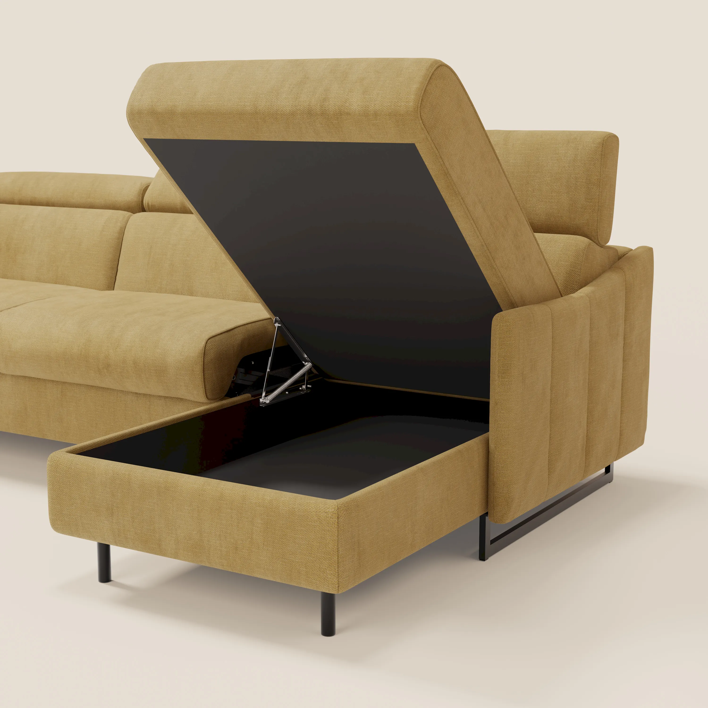 Loto Canapé d'angle convertible avec chaise longue coffre, têtières et matelas H 18 cm en tissu doux imperméable T14 jaune - Image 5
