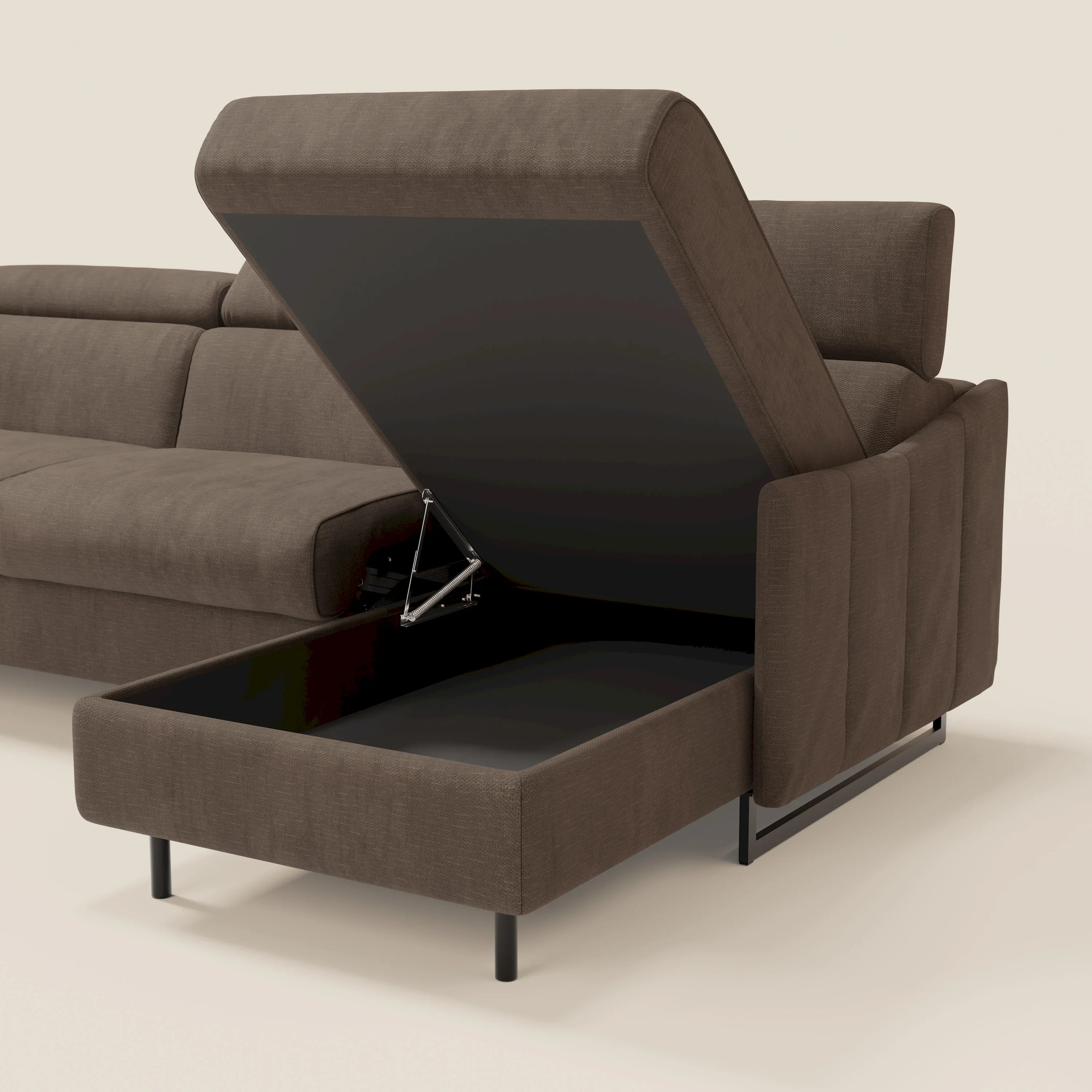 Loto Canapé d'angle convertible avec chaise longue coffre, têtières et matelas H 18 cm en tissu doux imperméable T14 marron - Image 5
