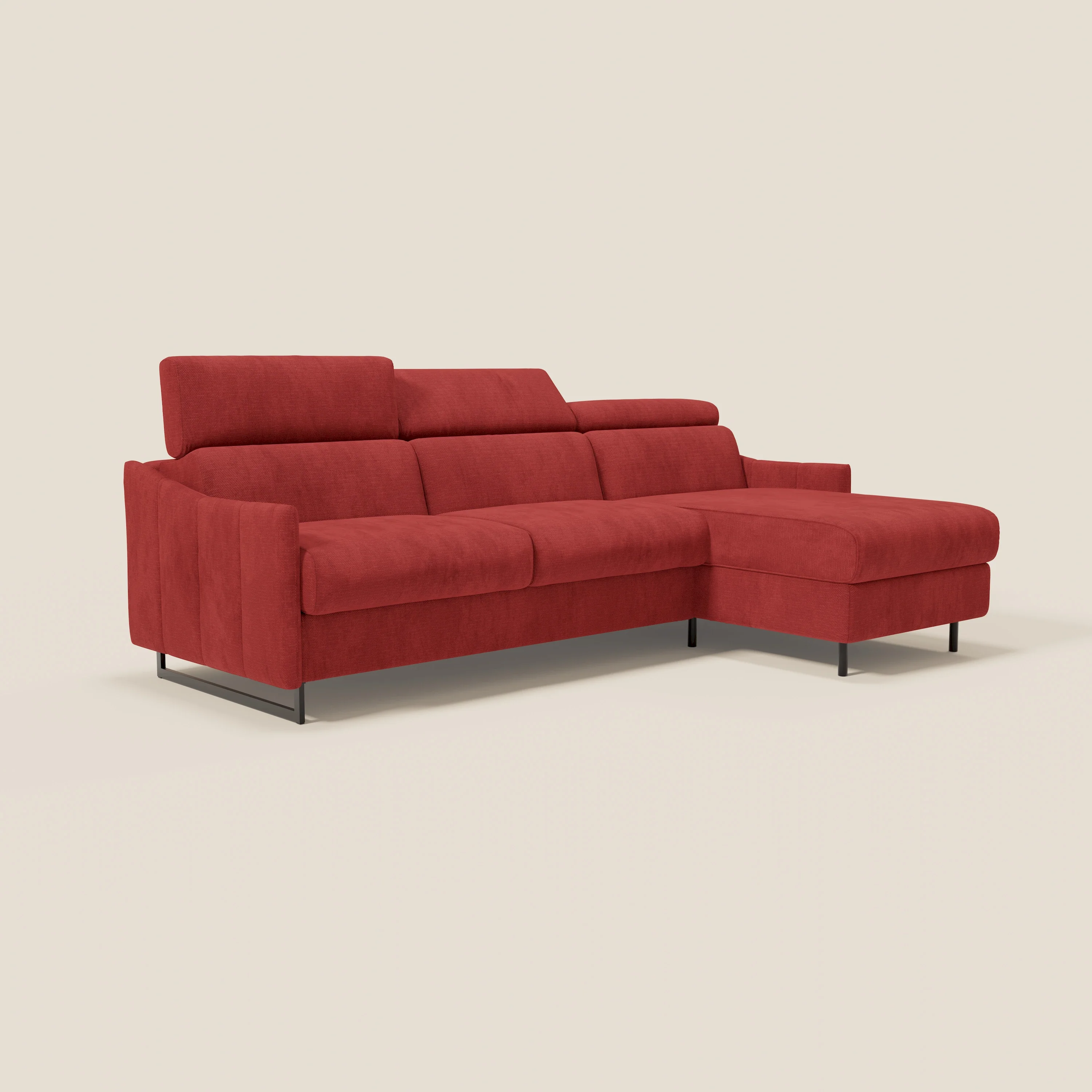 Loto Canapé d'angle convertible avec chaise longue coffre, têtières et matelas H 18 cm en tissu doux imperméable T14 rouge - Image 3