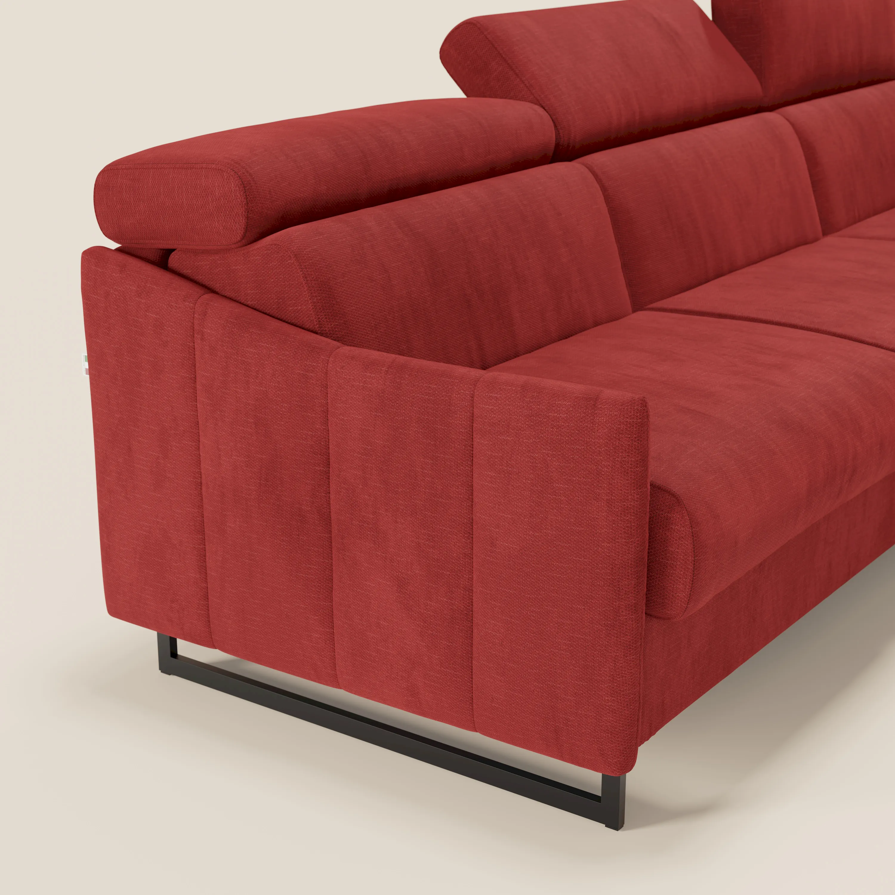 Loto Canapé d'angle convertible avec chaise longue coffre, têtières et matelas H 18 cm en tissu doux imperméable T14 rouge - Image 4