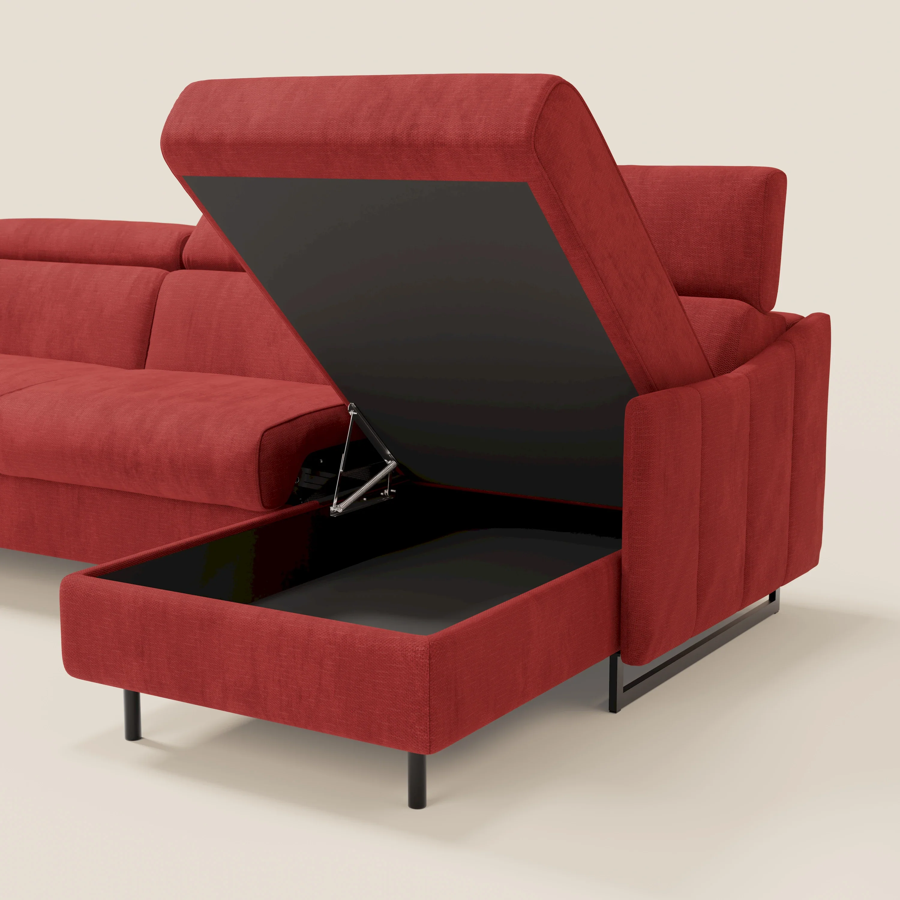 Loto Canapé d'angle convertible avec chaise longue coffre, têtières et matelas H 18 cm en tissu doux imperméable T14 rouge - Image 5