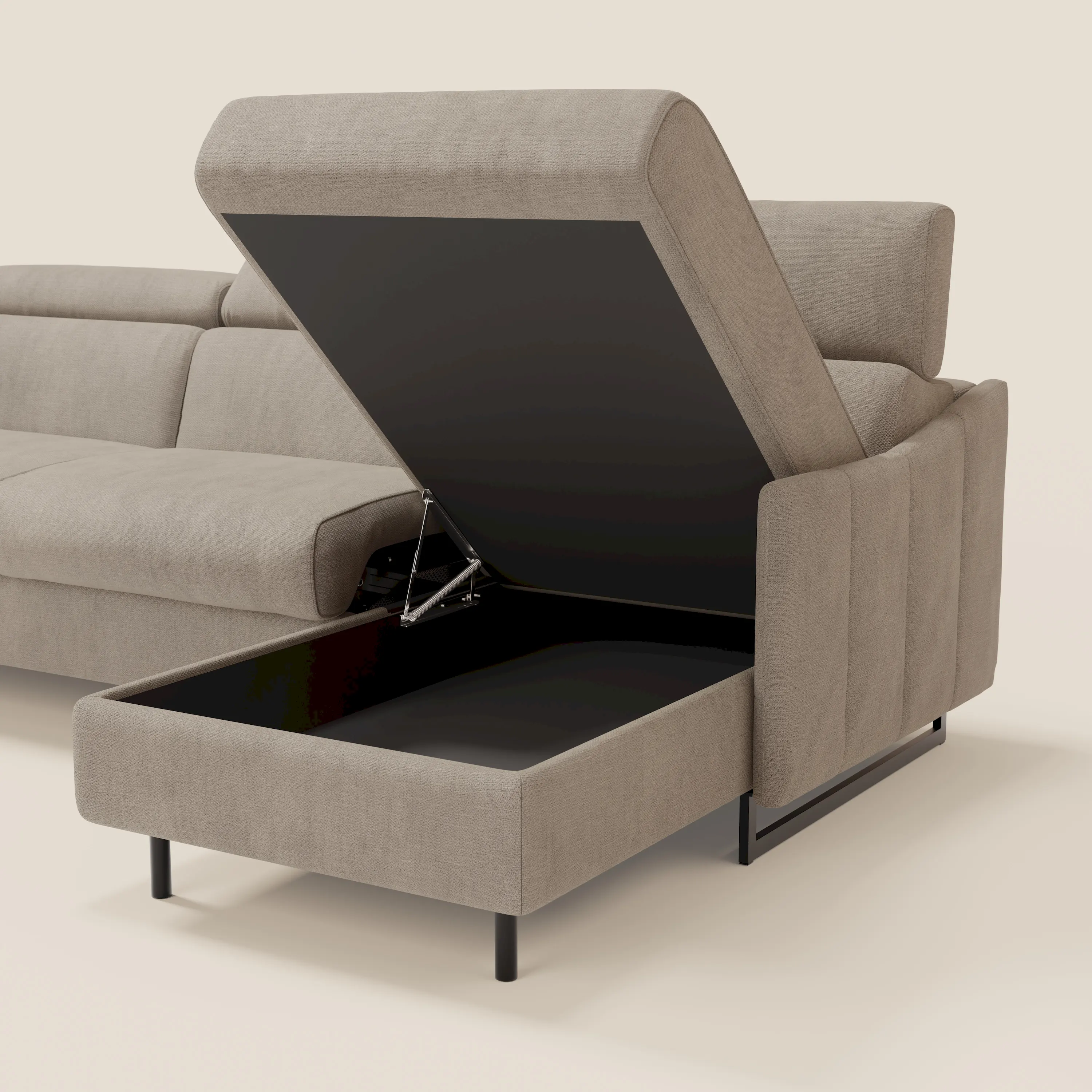 Loto Canapé d'angle convertible avec chaise longue coffre, têtières et matelas H 18 cm en tissu doux imperméable T14 taupe - Image 5