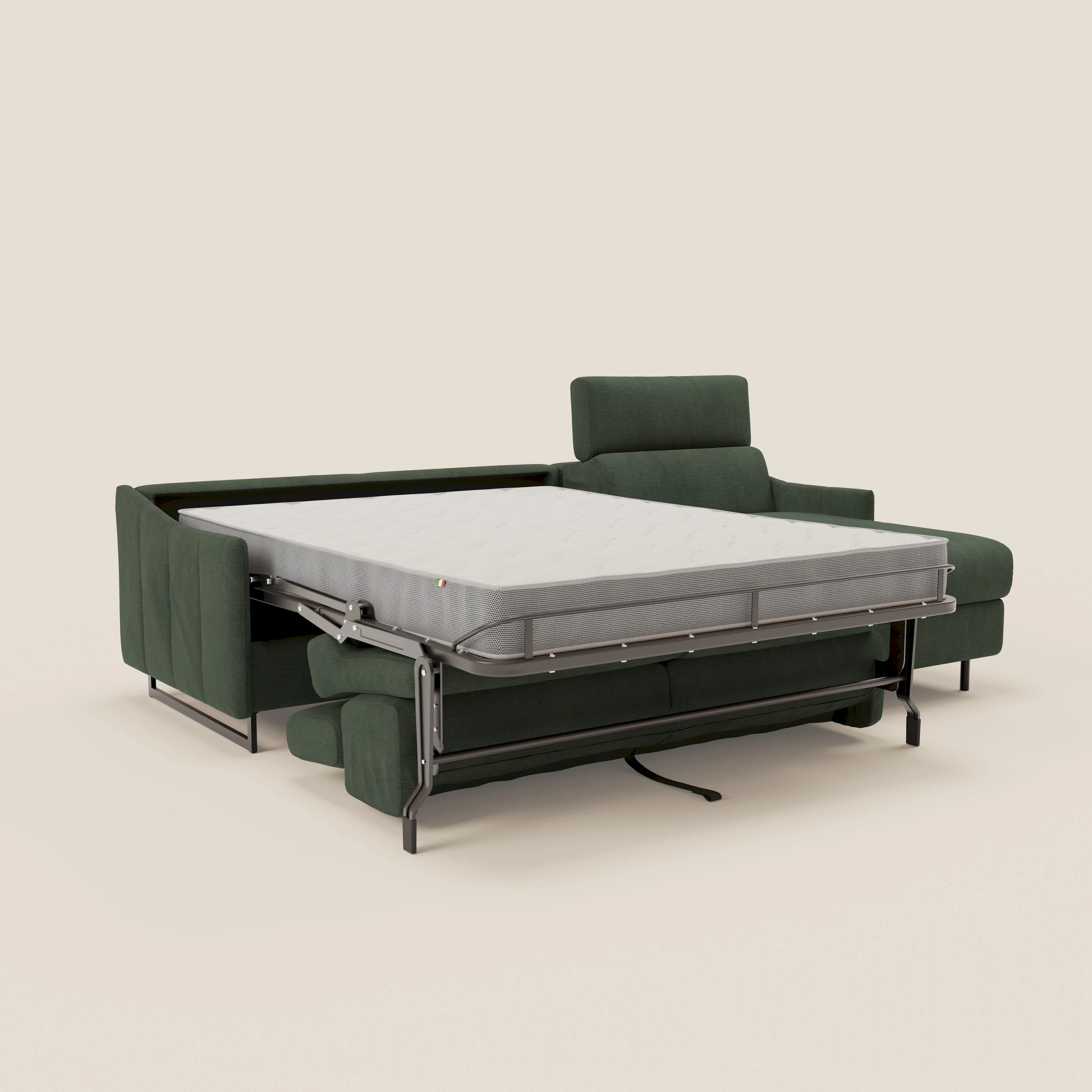 Loto Canapé d'angle convertible avec chaise longue coffre, têtières et matelas H 18 cm en tissu doux imperméable T14 vert - Image 11