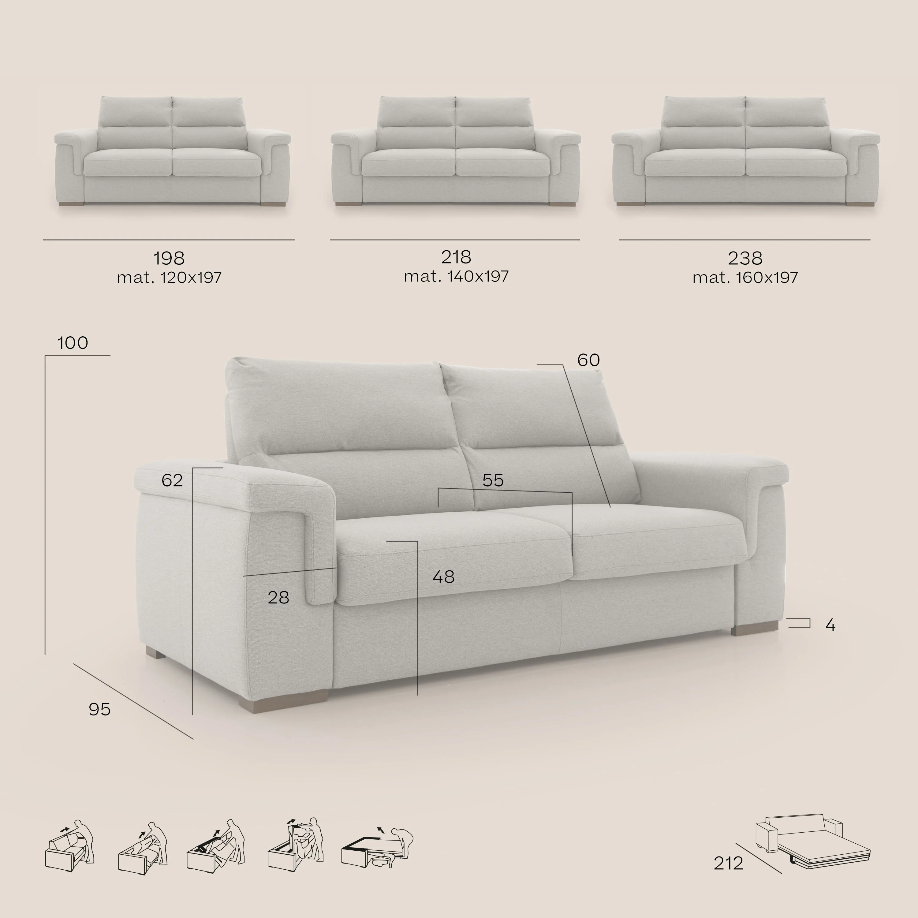 Magnolia canapé convertible avec matelas H 18cm et dossier haut et moelleux en tissu détachable T05 crème - Image 11