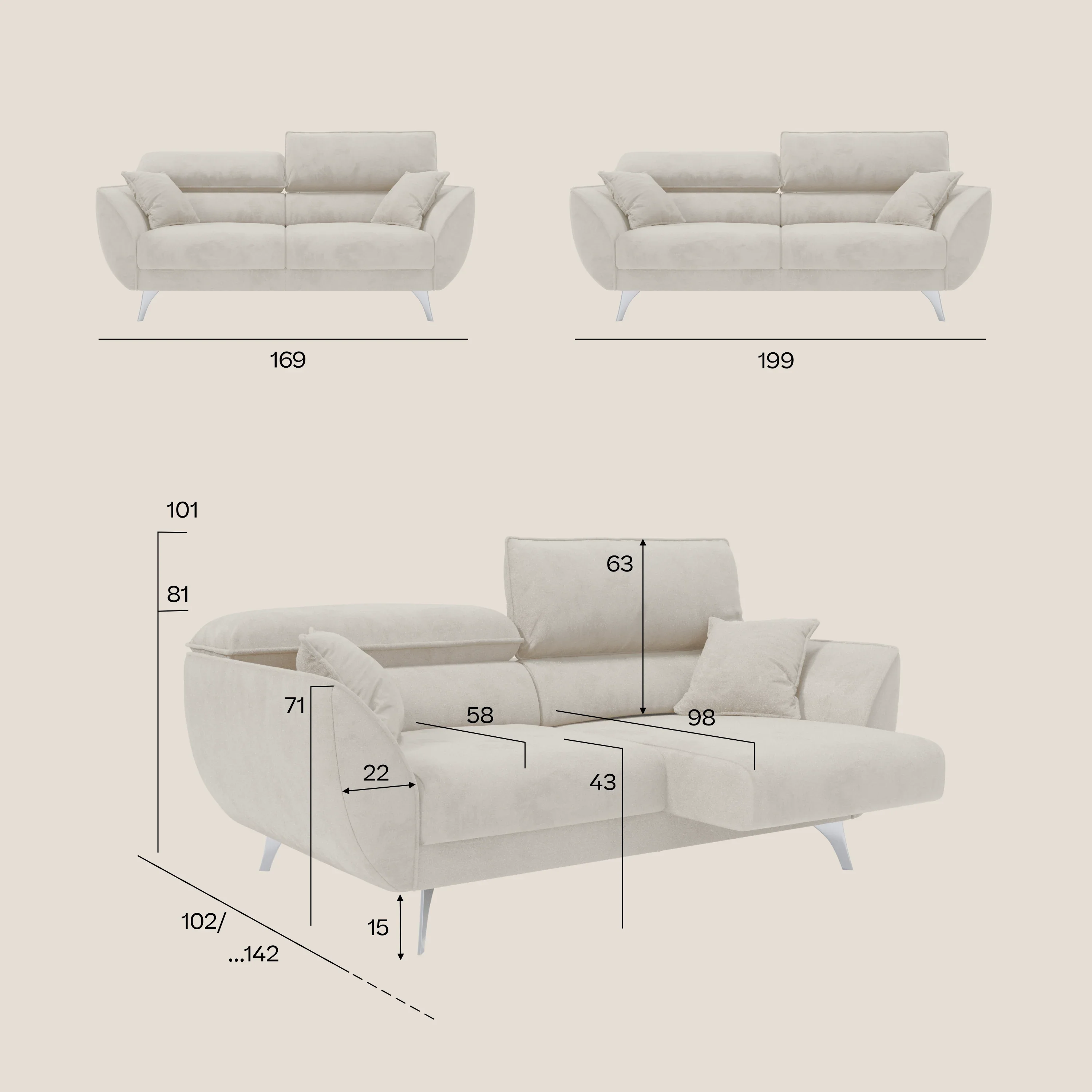 Michelangelo Canapé 2 et 3 places avec assises coulissantes et têtières réglables - Bicolore en tissu détachable T23 - Image 72