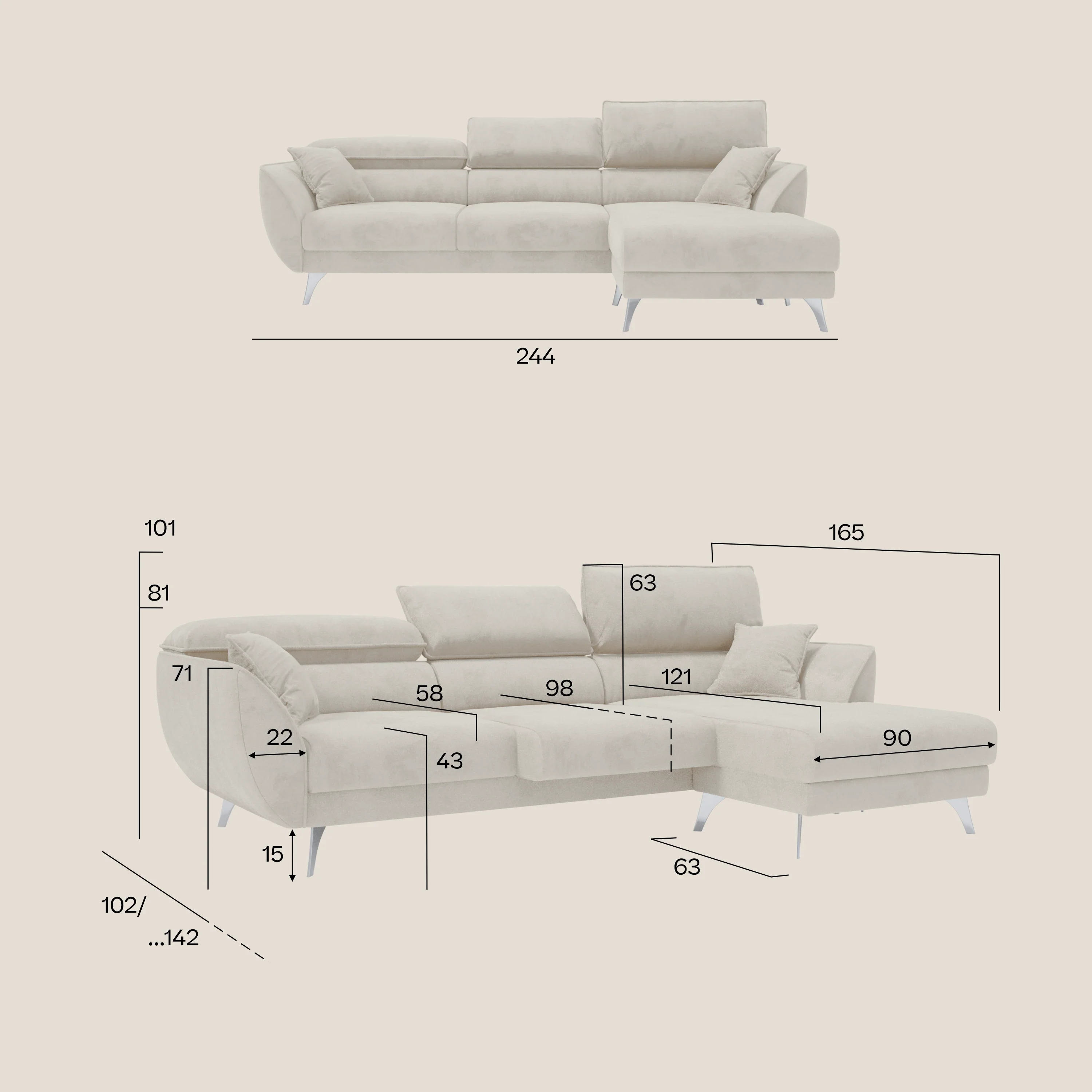 Michelangelo Canapé d'angle avec chaise longue et assises coulissantes - têtières réglables en tissu raffiné détachable effet velouté T30 - Image 41