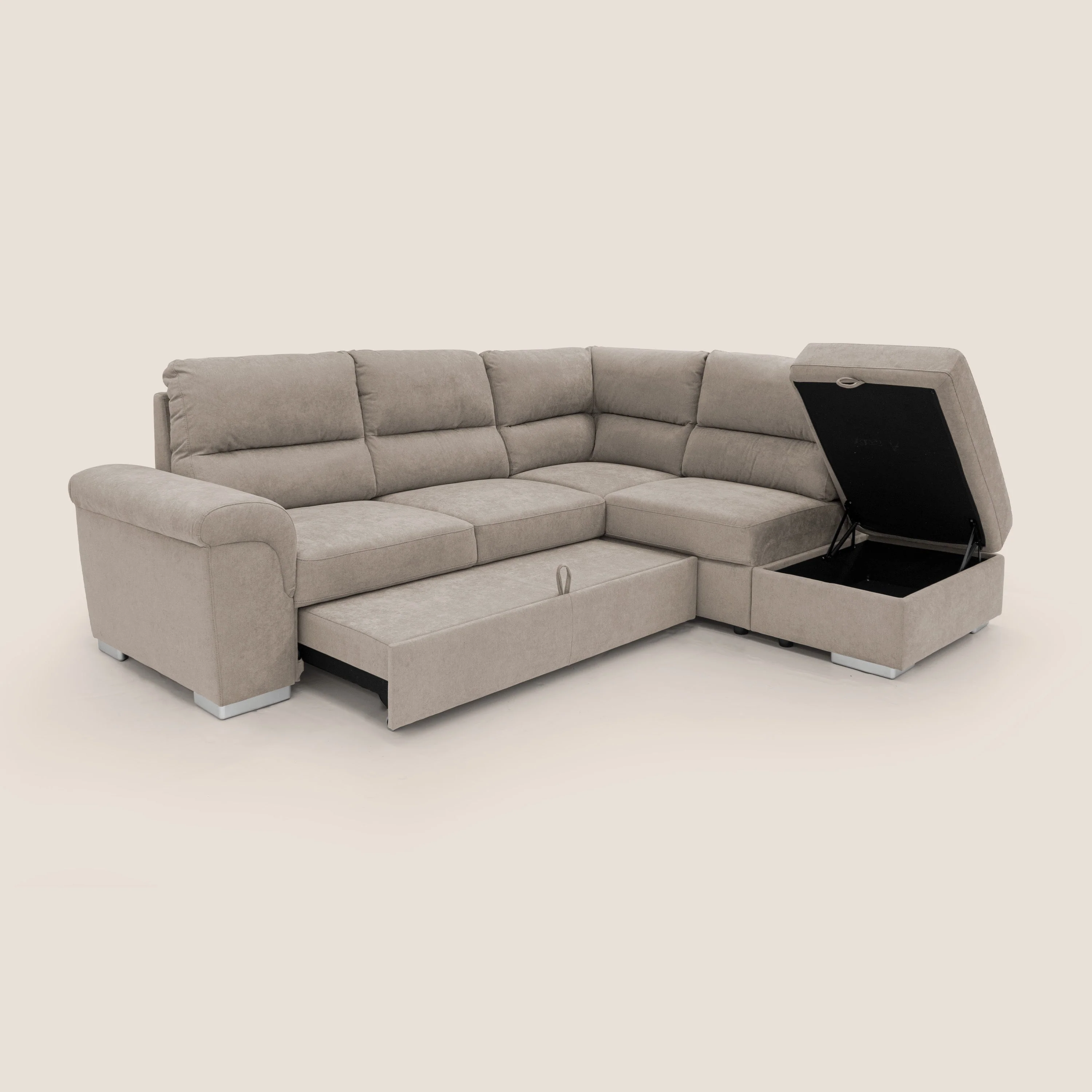 Minerva canapé d'angle avec angle et pouf extractible en tissu doux imperméable T02 beige - Image 3