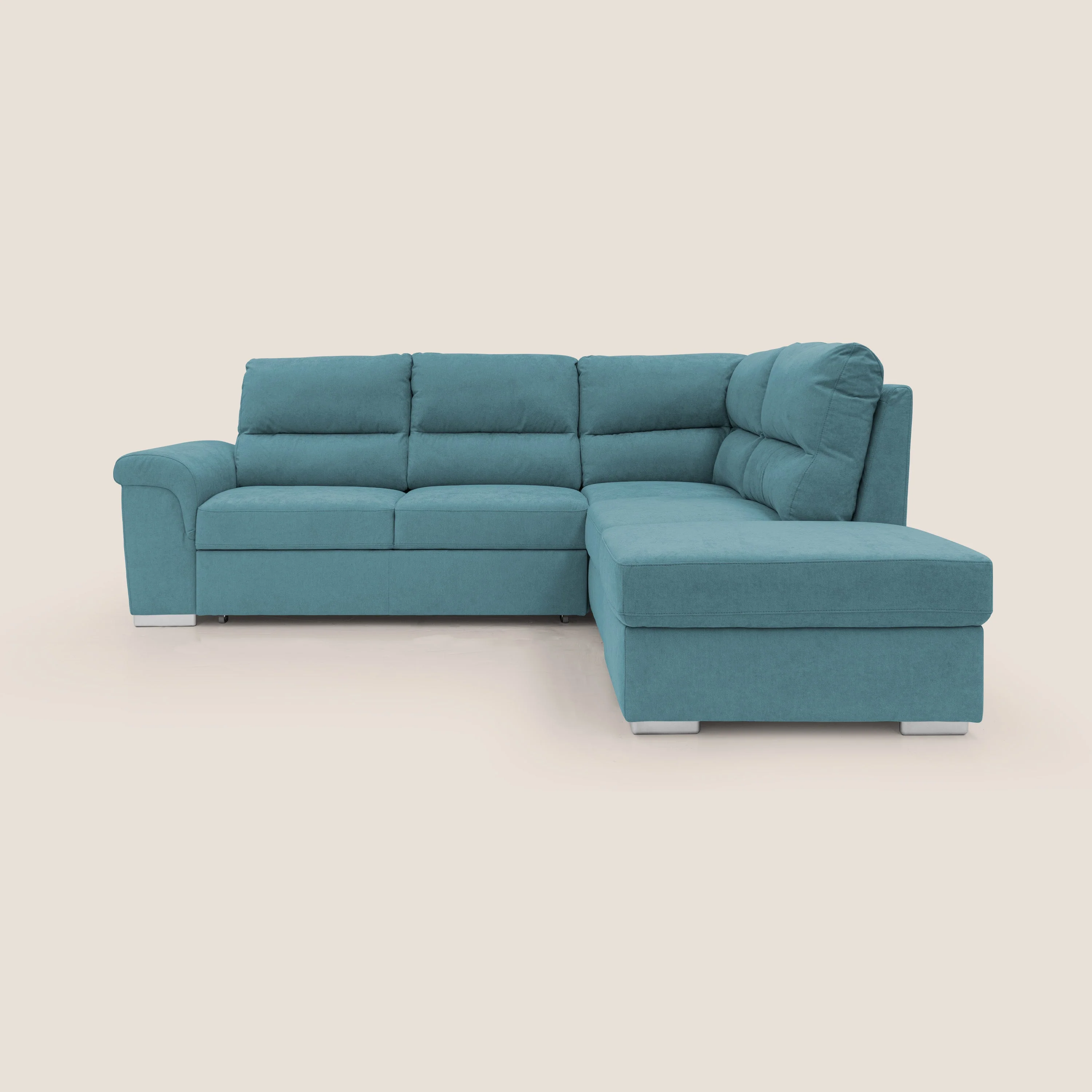 Minerva canapé d'angle avec angle et pouf extractible en tissu doux imperméable T02 bleu ciel