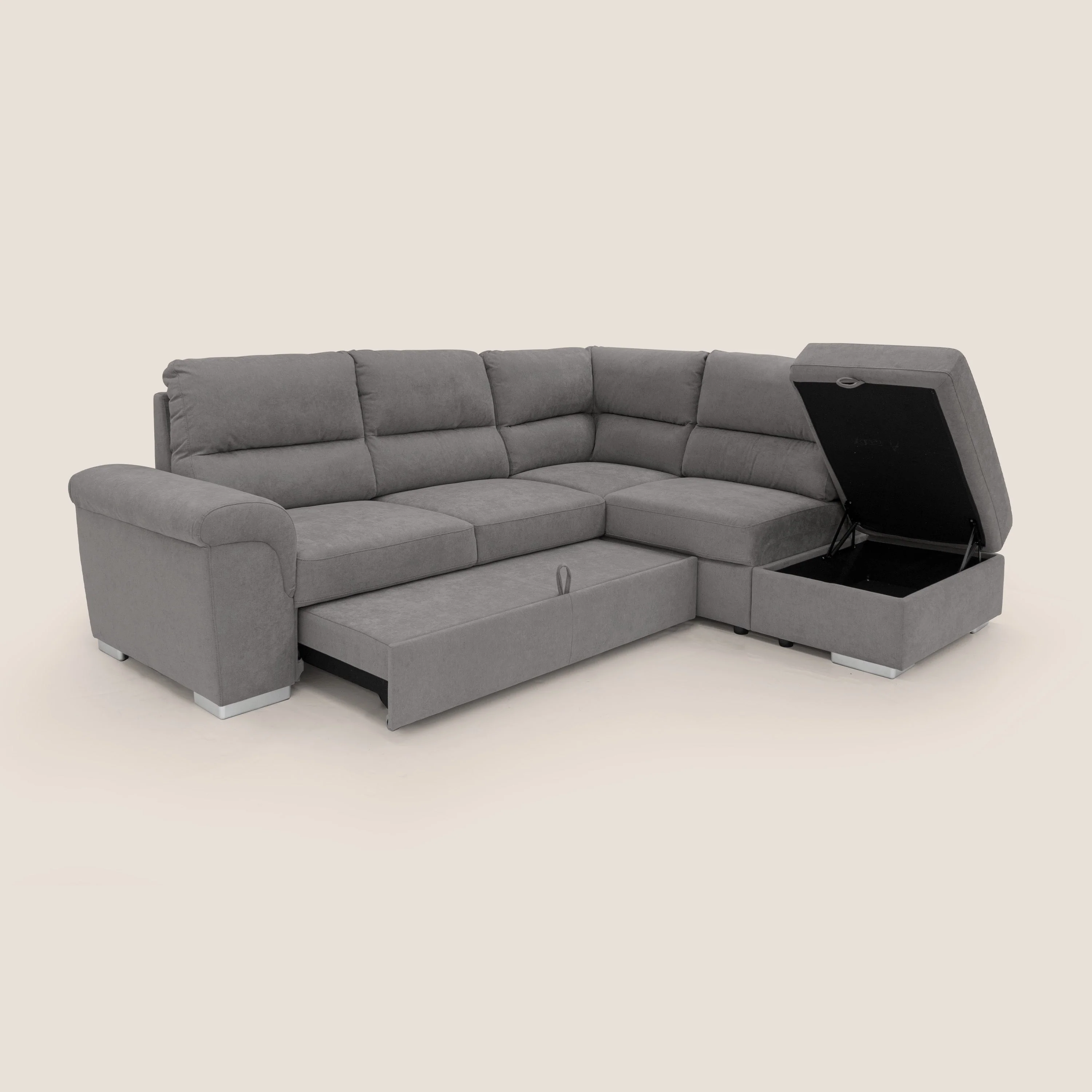 Minerva canapé d'angle avec angle et pouf extractible en tissu doux imperméable T02 gris - Image 3