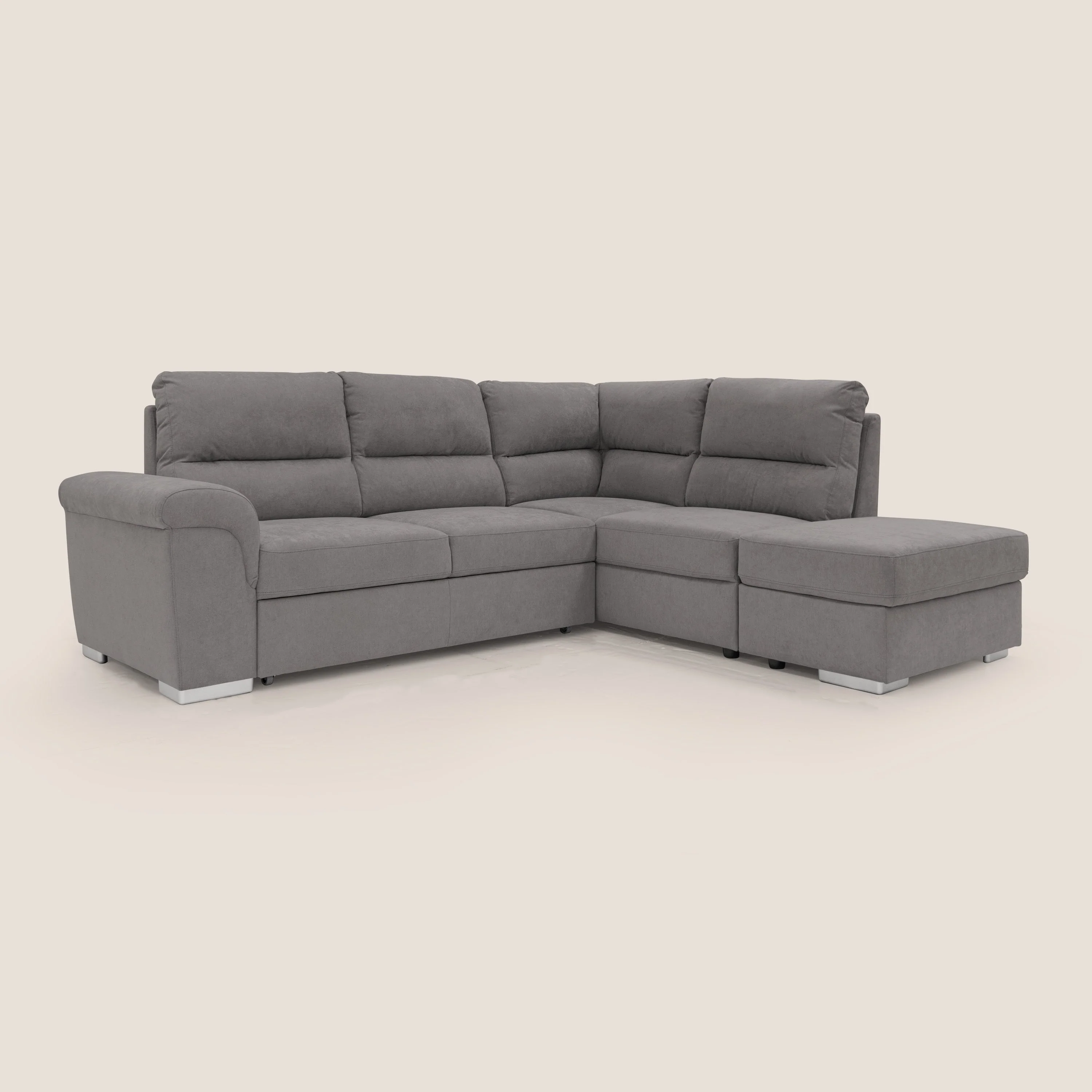 Minerva canapé d'angle avec angle et pouf extractible en tissu doux imperméable T02 gris - Image 6
