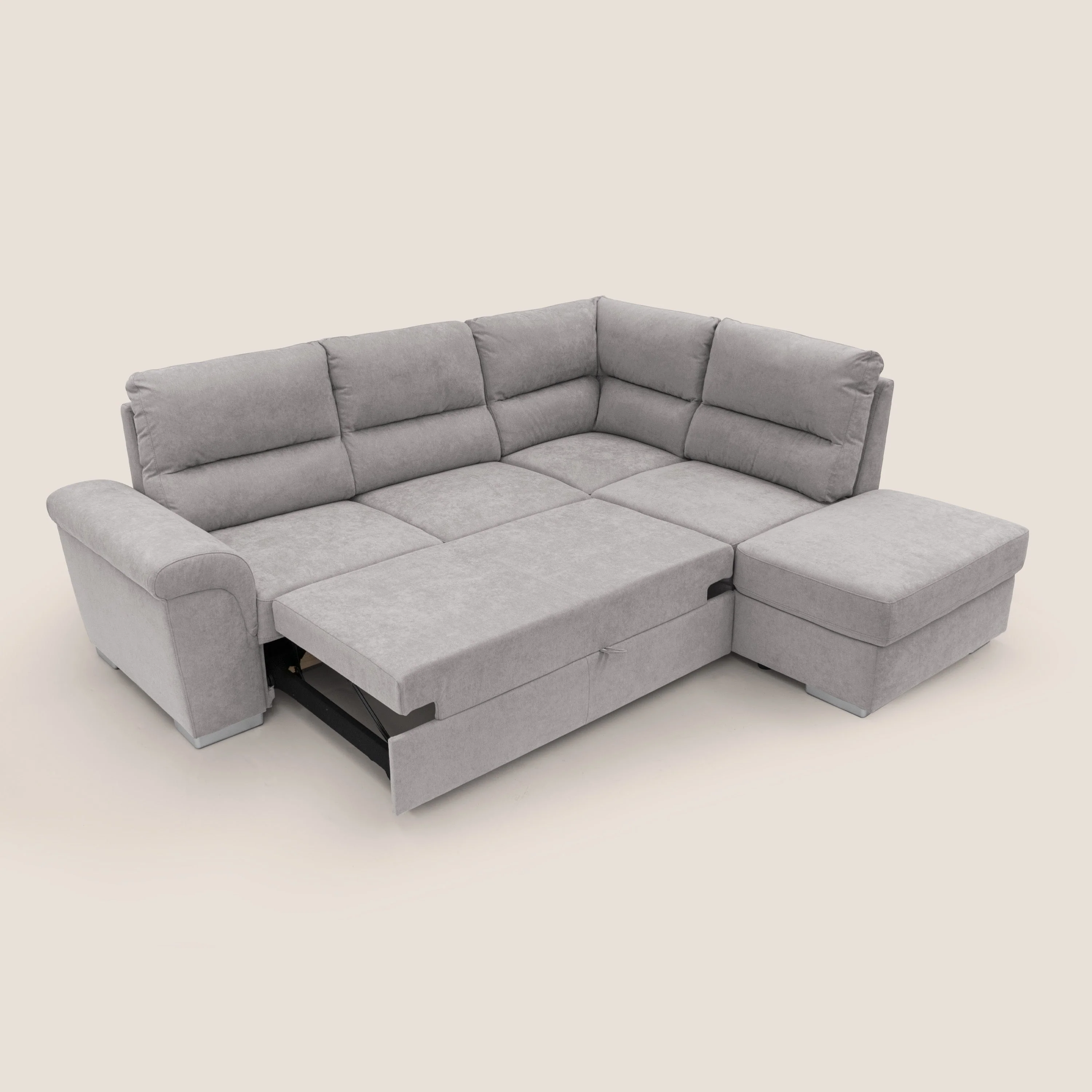 Minerva canapé d'angle avec angle et pouf extractible en tissu doux imperméable T02 gris clair - Image 2