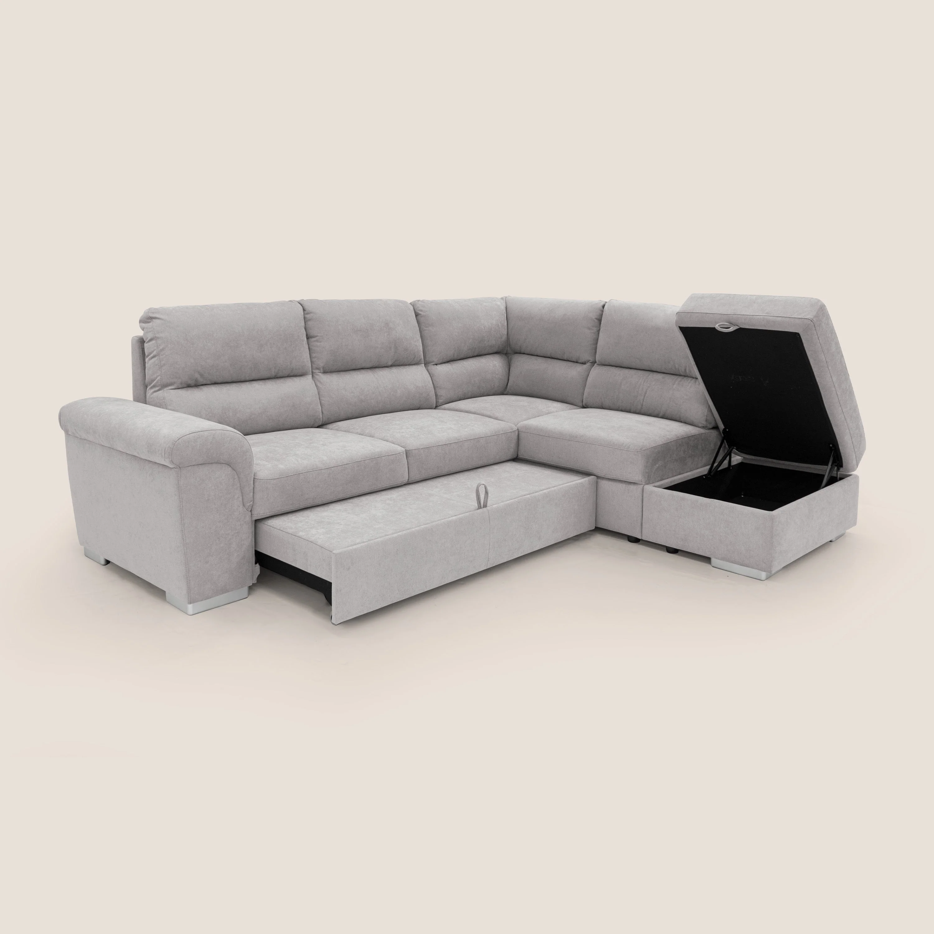 Minerva canapé d'angle avec angle et pouf extractible en tissu doux imperméable T02 gris clair - Image 3