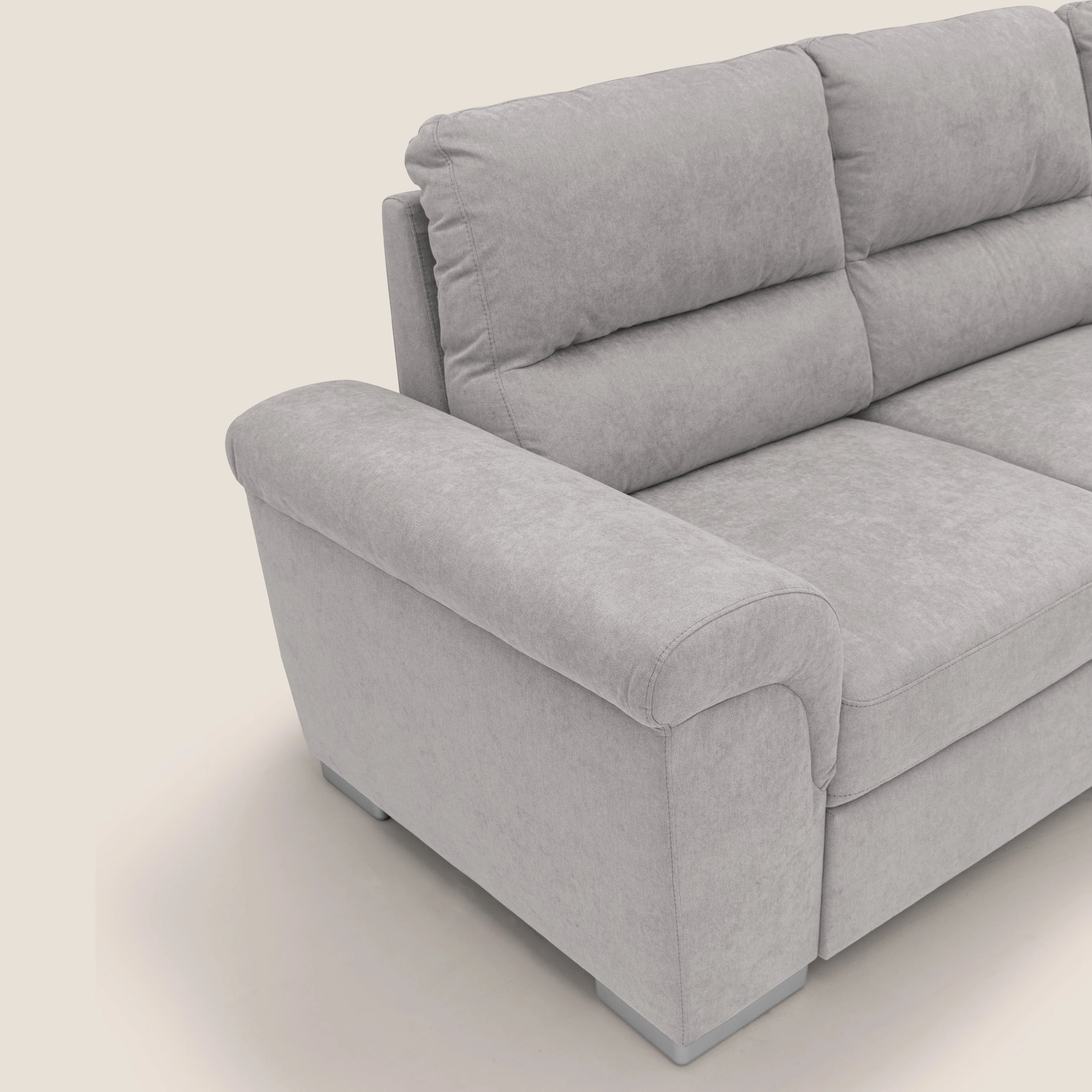 Minerva canapé d'angle avec angle et pouf extractible en tissu doux imperméable T02 gris clair - Image 4