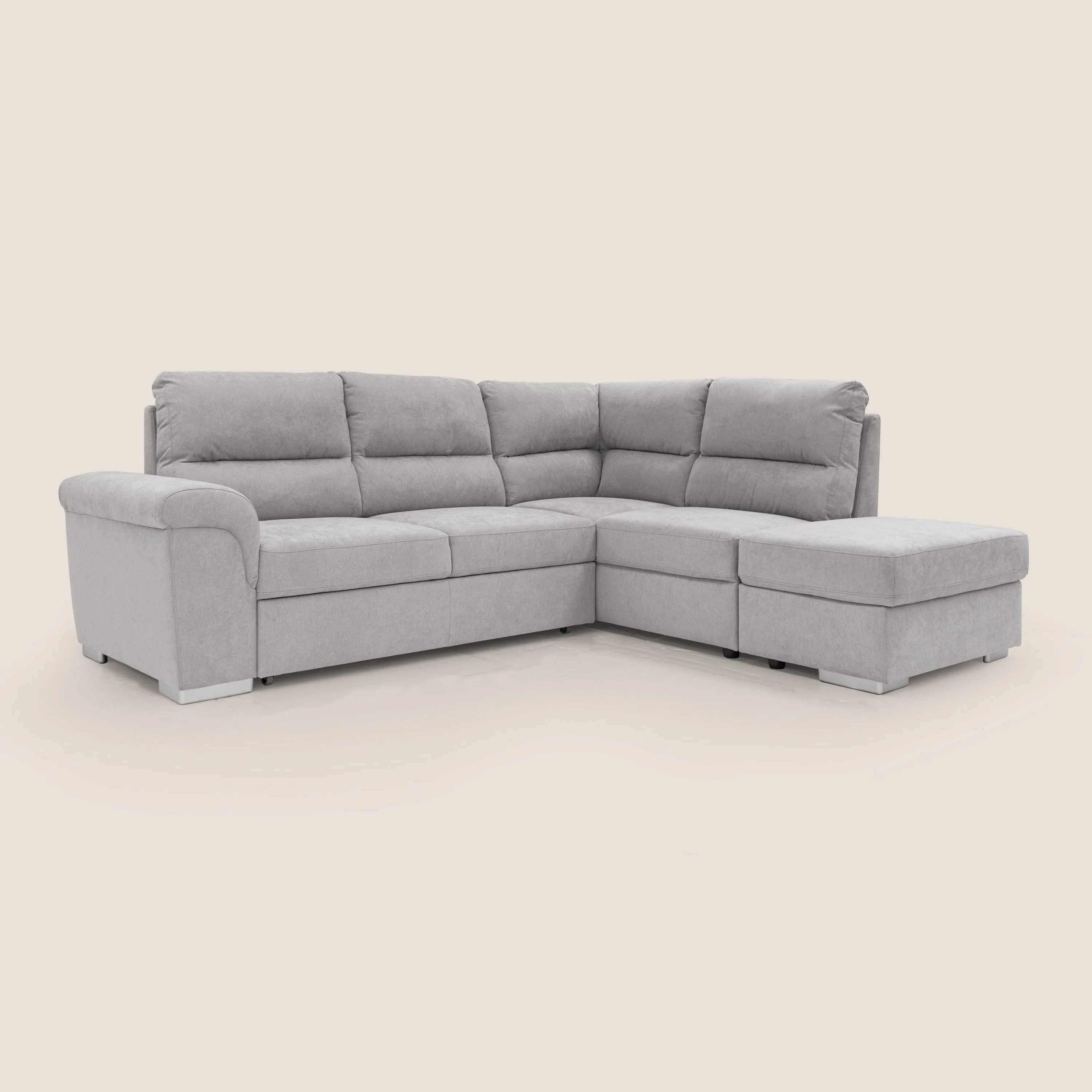 Minerva canapé d'angle avec angle et pouf extractible en tissu doux imperméable T02 gris clair - Image 6