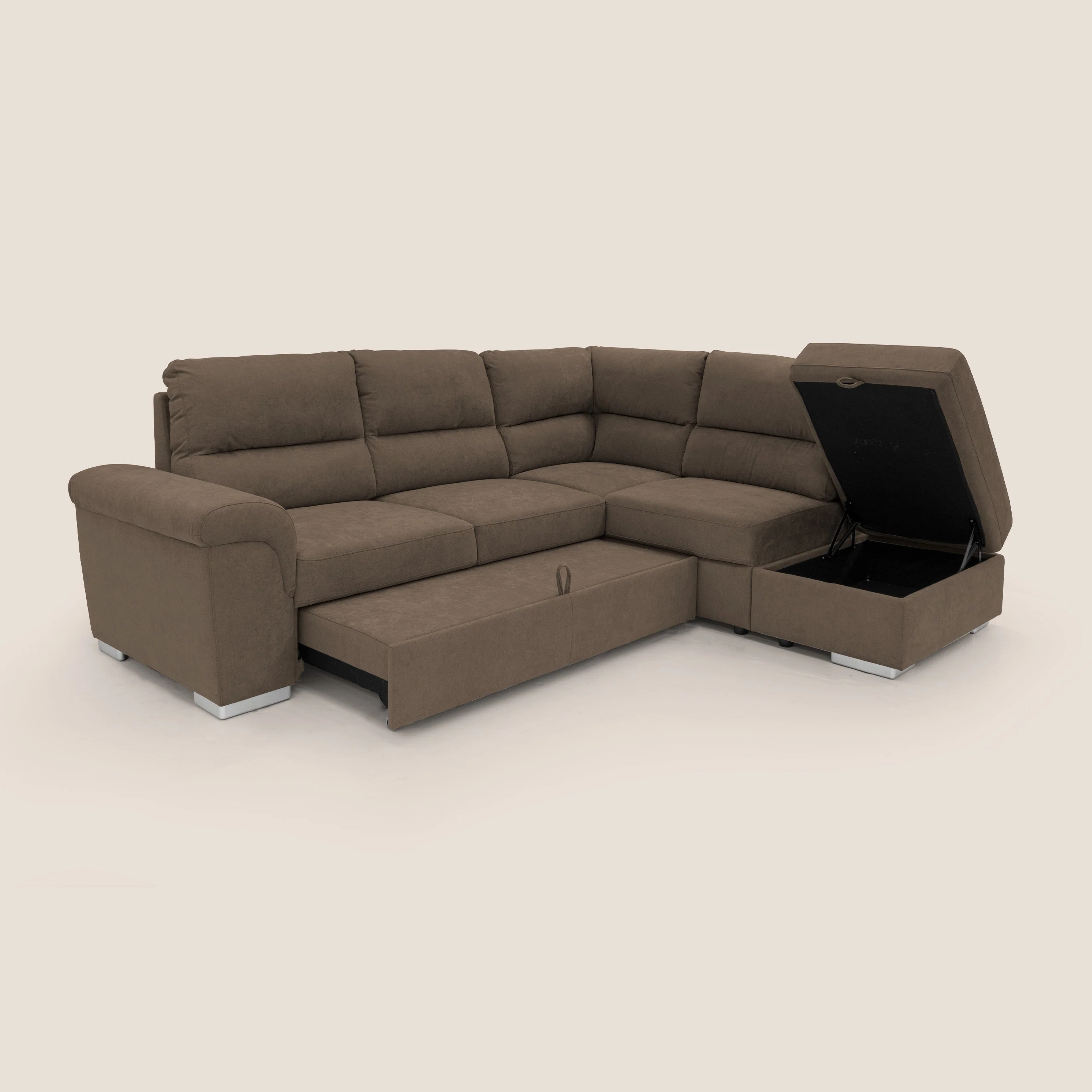 Minerva canapé d'angle avec angle et pouf extractible en tissu doux imperméable T02 marron - Image 3