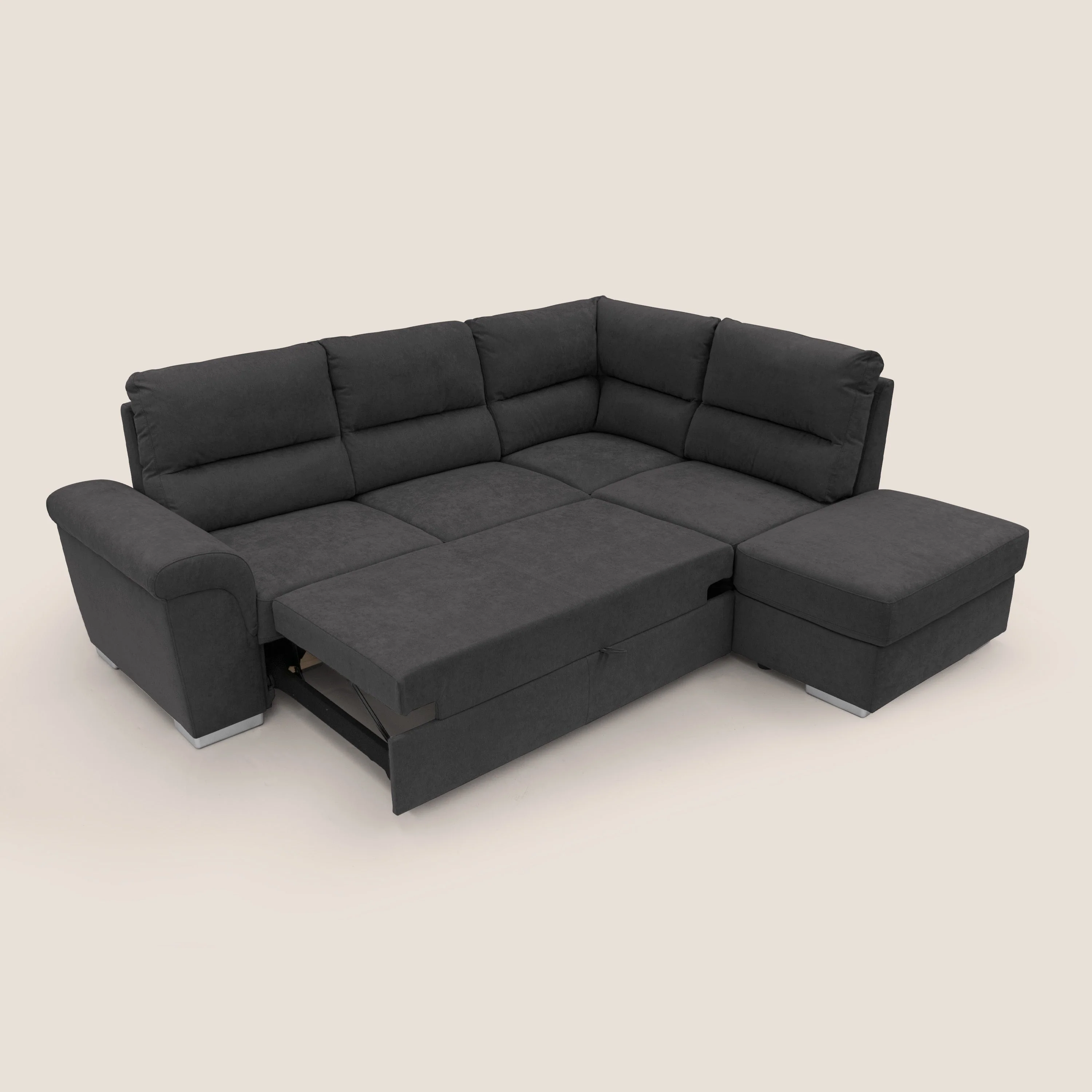 Minerva canapé d'angle avec angle et pouf extractible en tissu doux imperméable T02 noir - Image 2