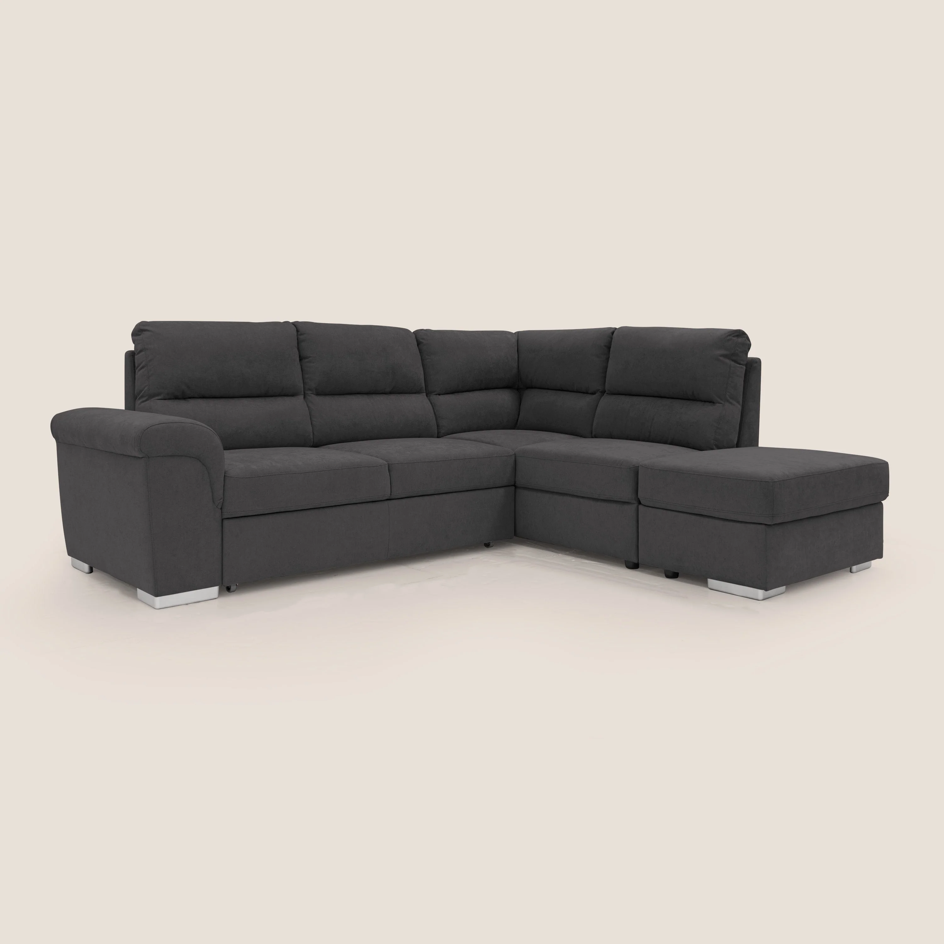 Minerva canapé d'angle avec angle et pouf extractible en tissu doux imperméable T02 noir - Image 6