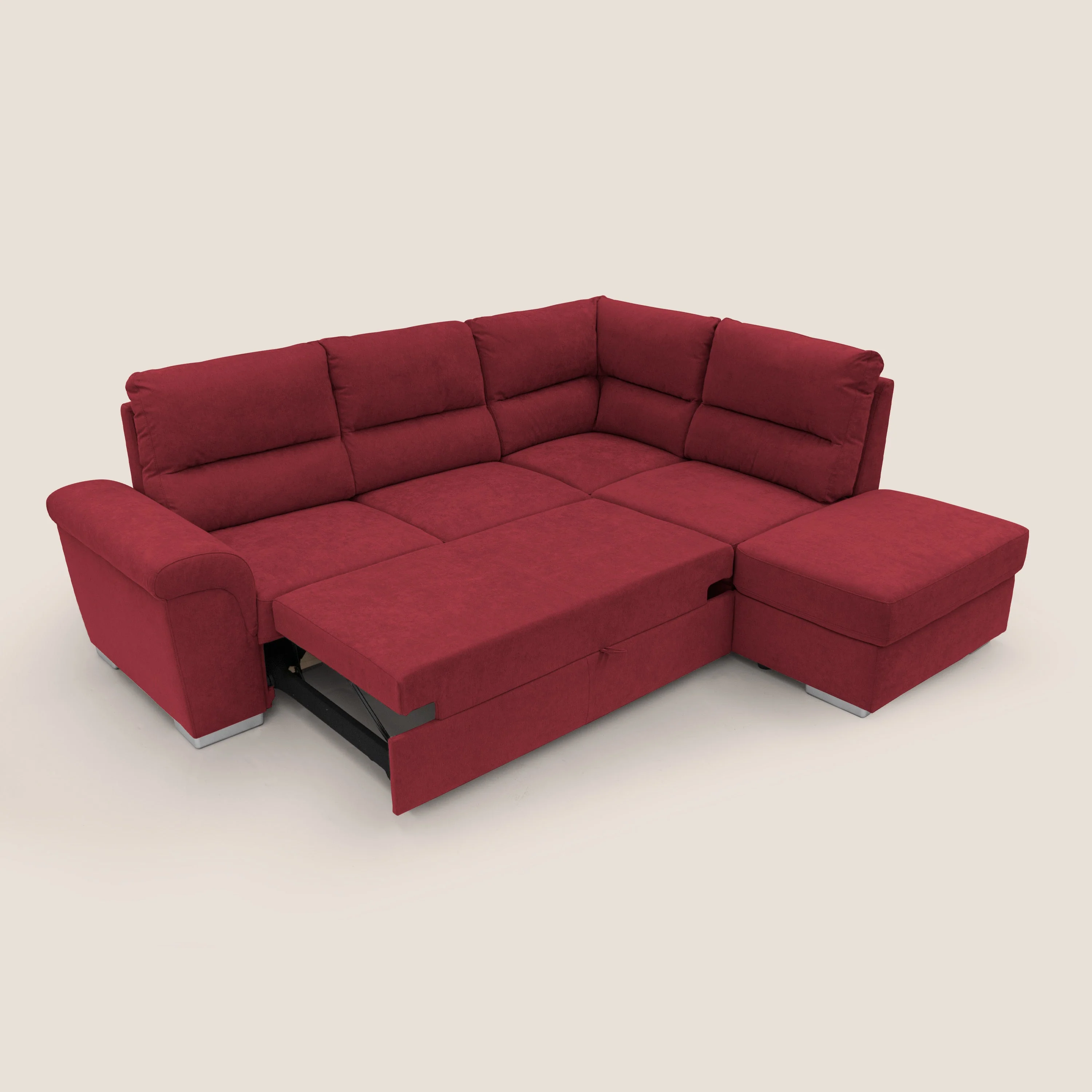 Minerva canapé d'angle avec angle et pouf extractible en tissu doux imperméable T02 rouge - Image 2