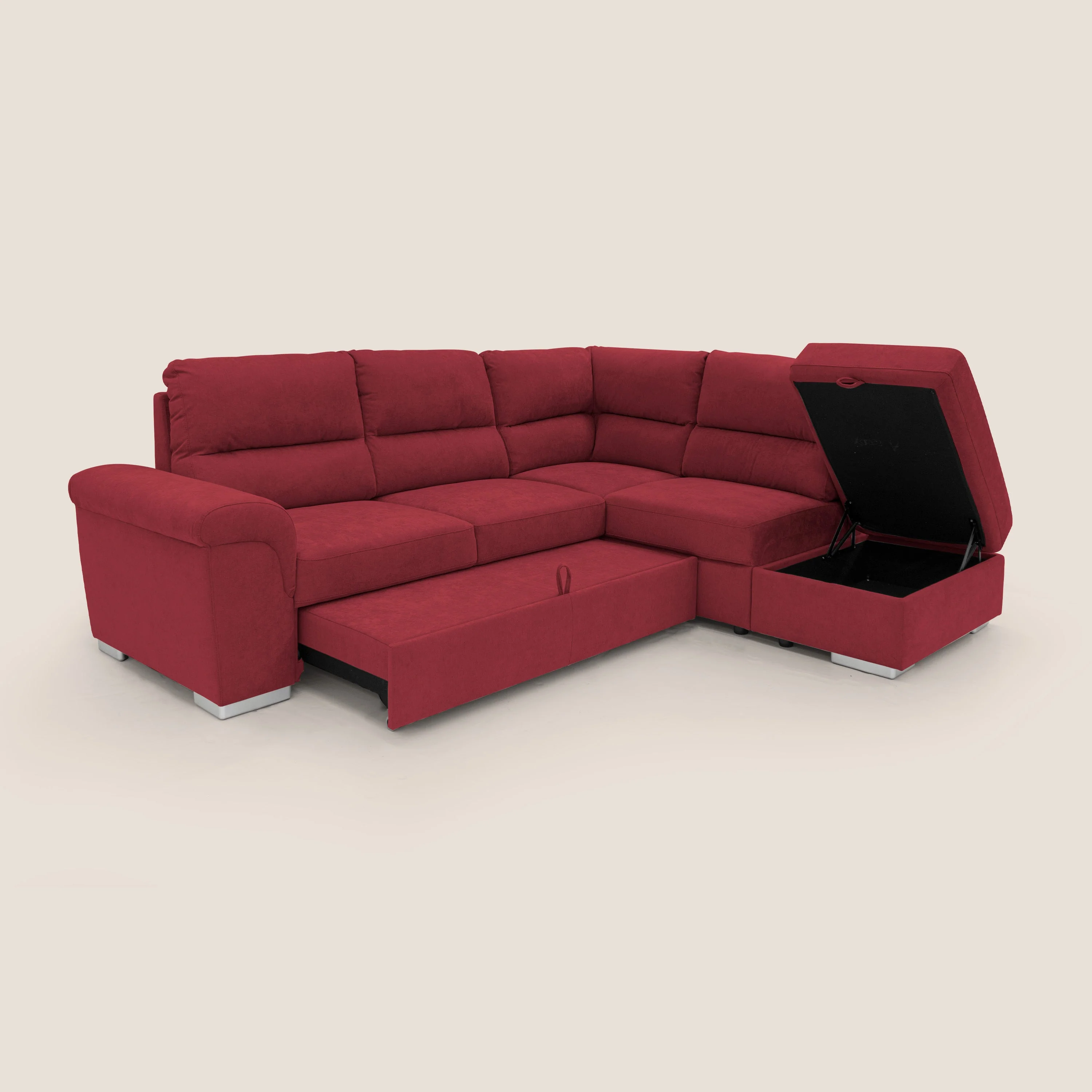 Minerva canapé d'angle avec angle et pouf extractible en tissu doux imperméable T02 rouge - Image 3