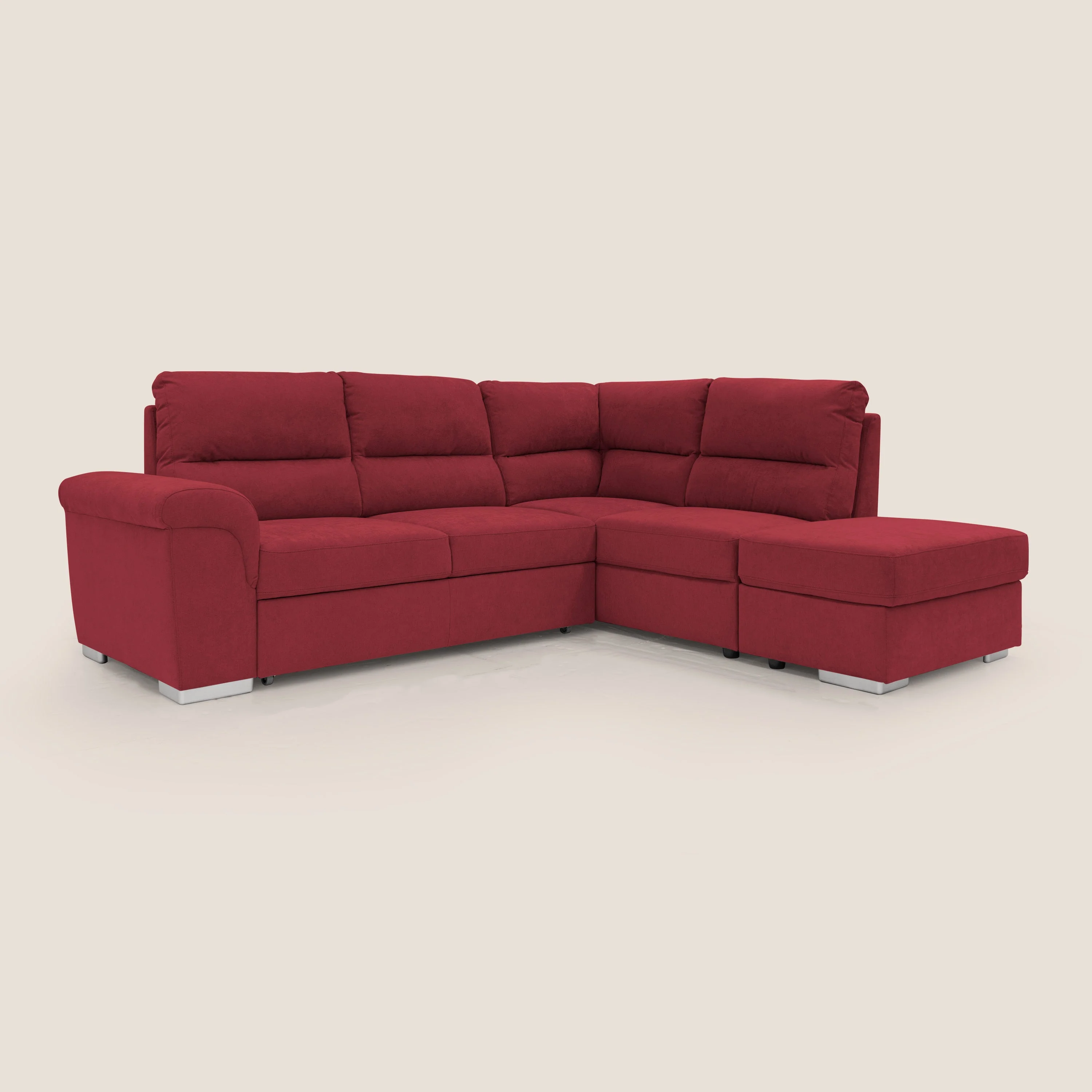 Minerva canapé d'angle avec angle et pouf extractible en tissu doux imperméable T02 rouge - Image 6