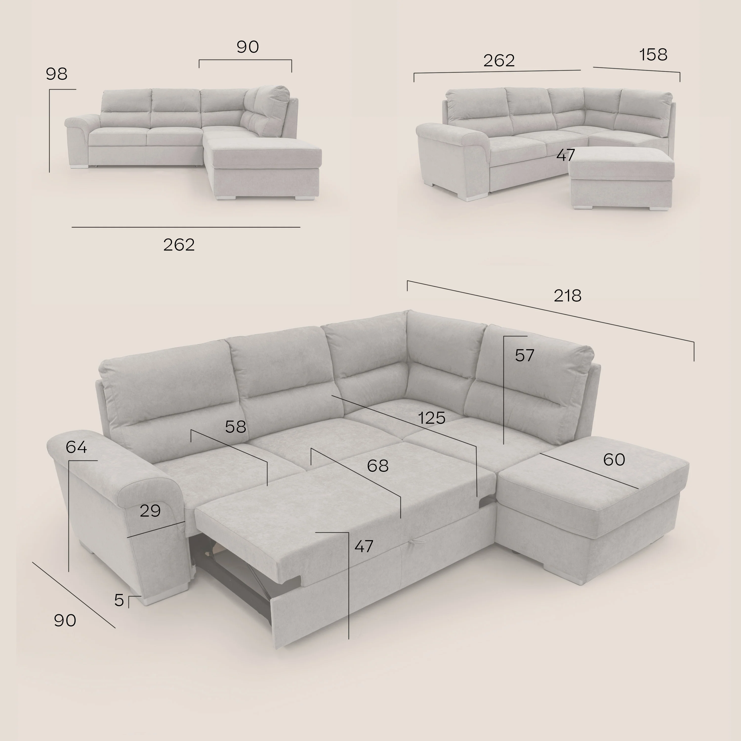 Minerva canapé d'angle avec angle et pouf extractible en tissu doux imperméable T02 sucre glace - Image 15