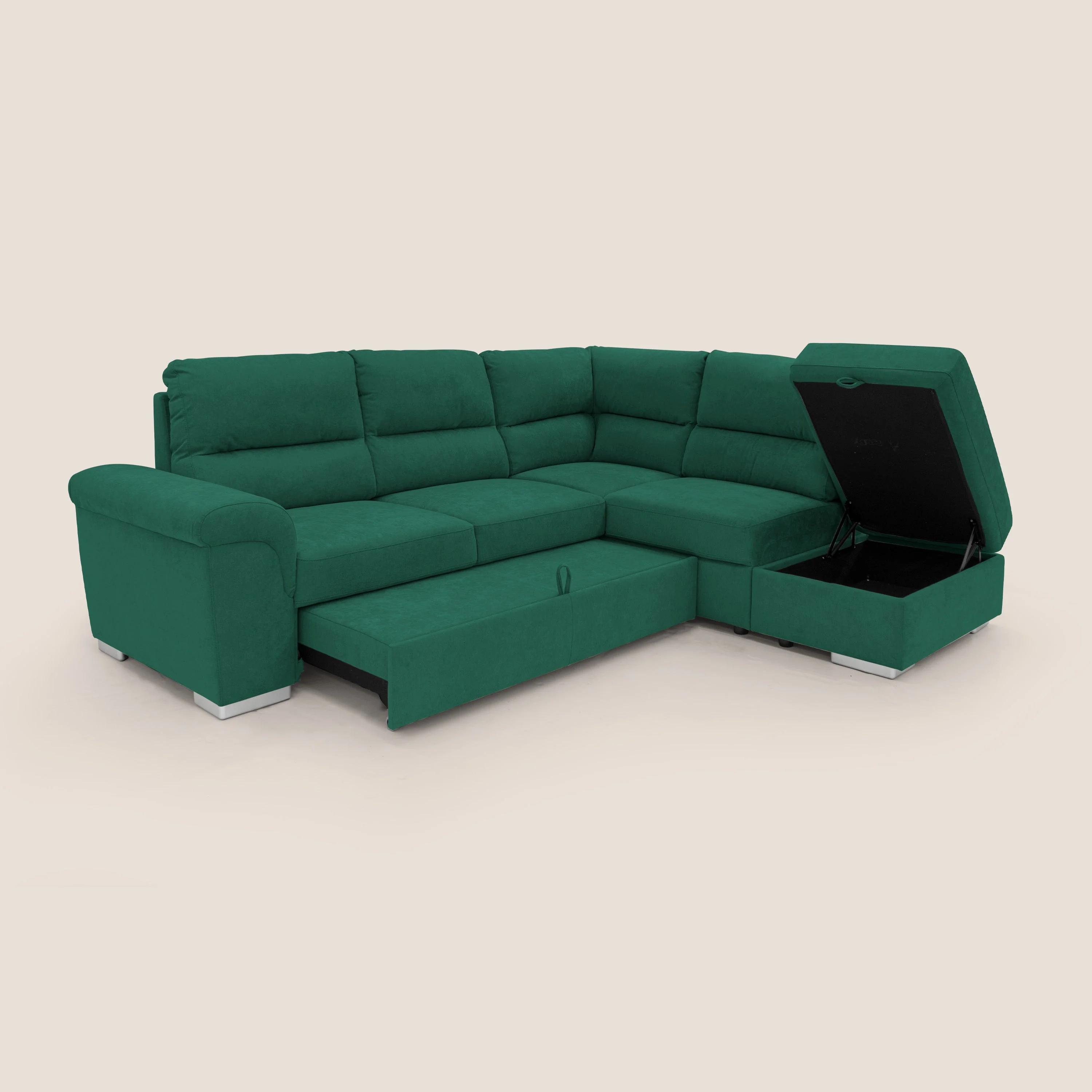 Minerva canapé d'angle avec angle et pouf extractible en tissu doux imperméable T02 vert - Image 3