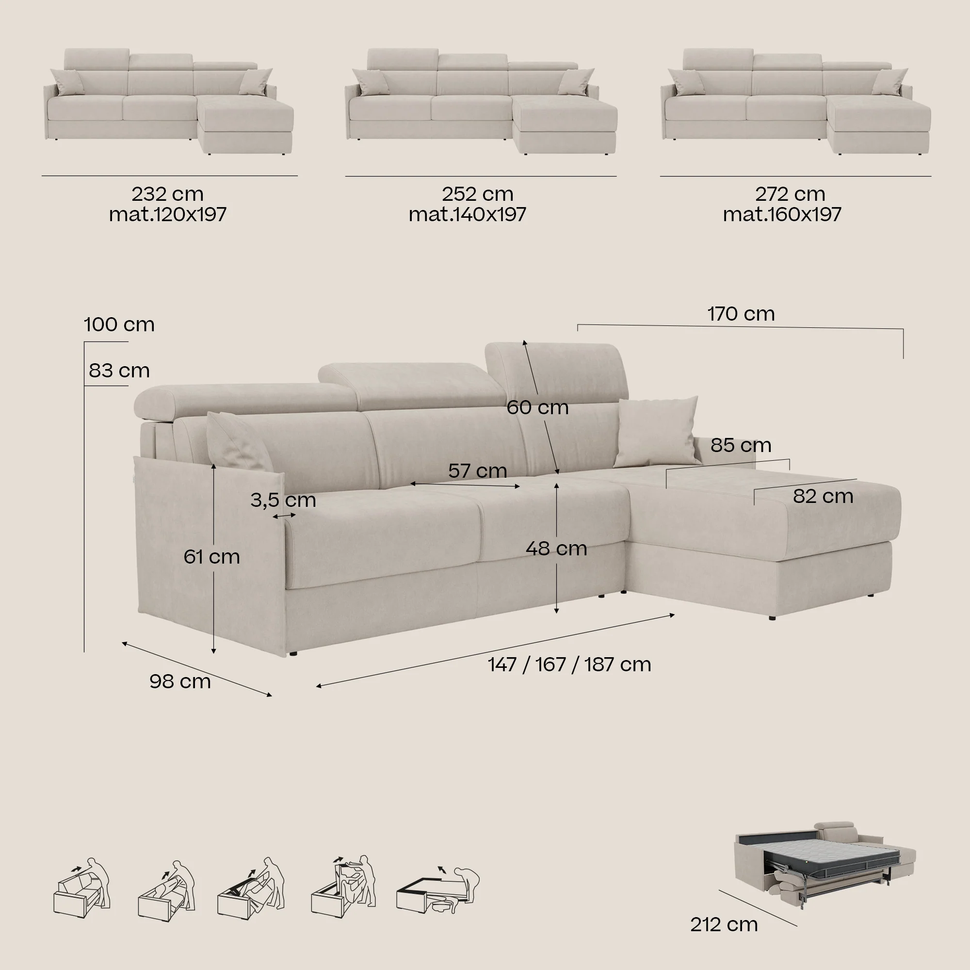 Miryam canapé convertible d'angle compact - têtières inclinables et méridienne coffre en tissu détachable T31 - Image 161