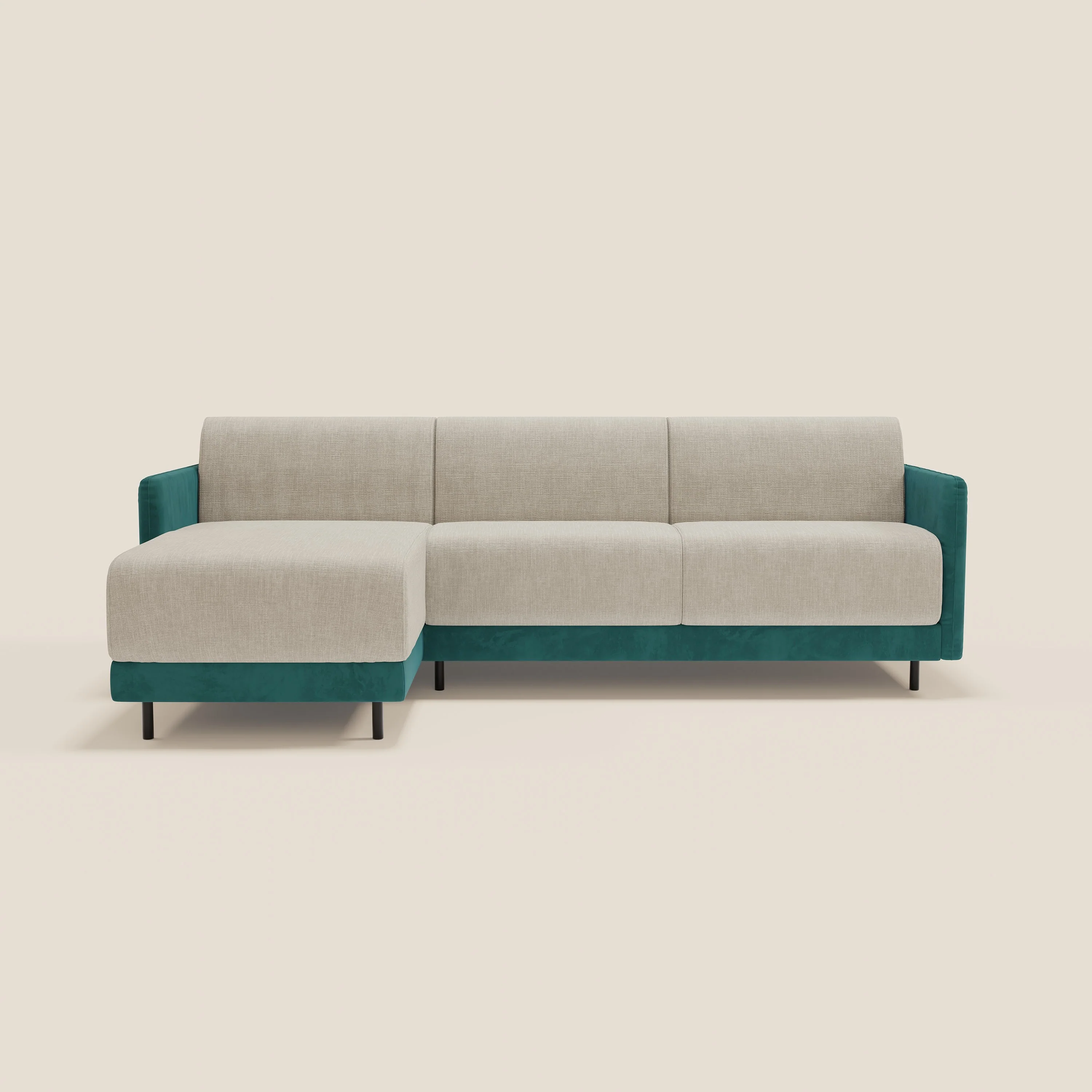 Narciso canapé d'angle convertible avec matelas H18 cm et chaise longue coffre en tissu bicouleur T11 et T06 bleu canard - crème - Image 12