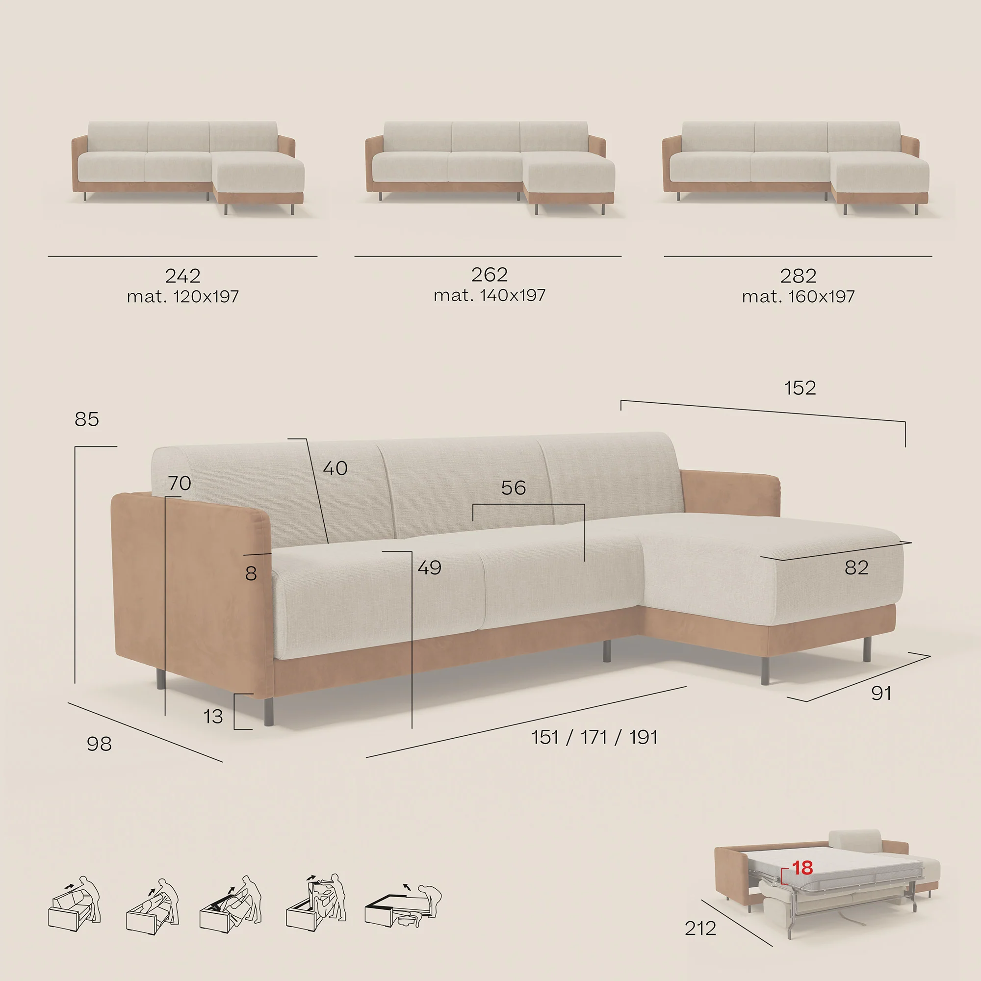 Narciso canapé d'angle convertible avec matelas H18 cm et chaise longue coffre en tissu bicouleur T11 et T06 bleu canard - crème - Image 14