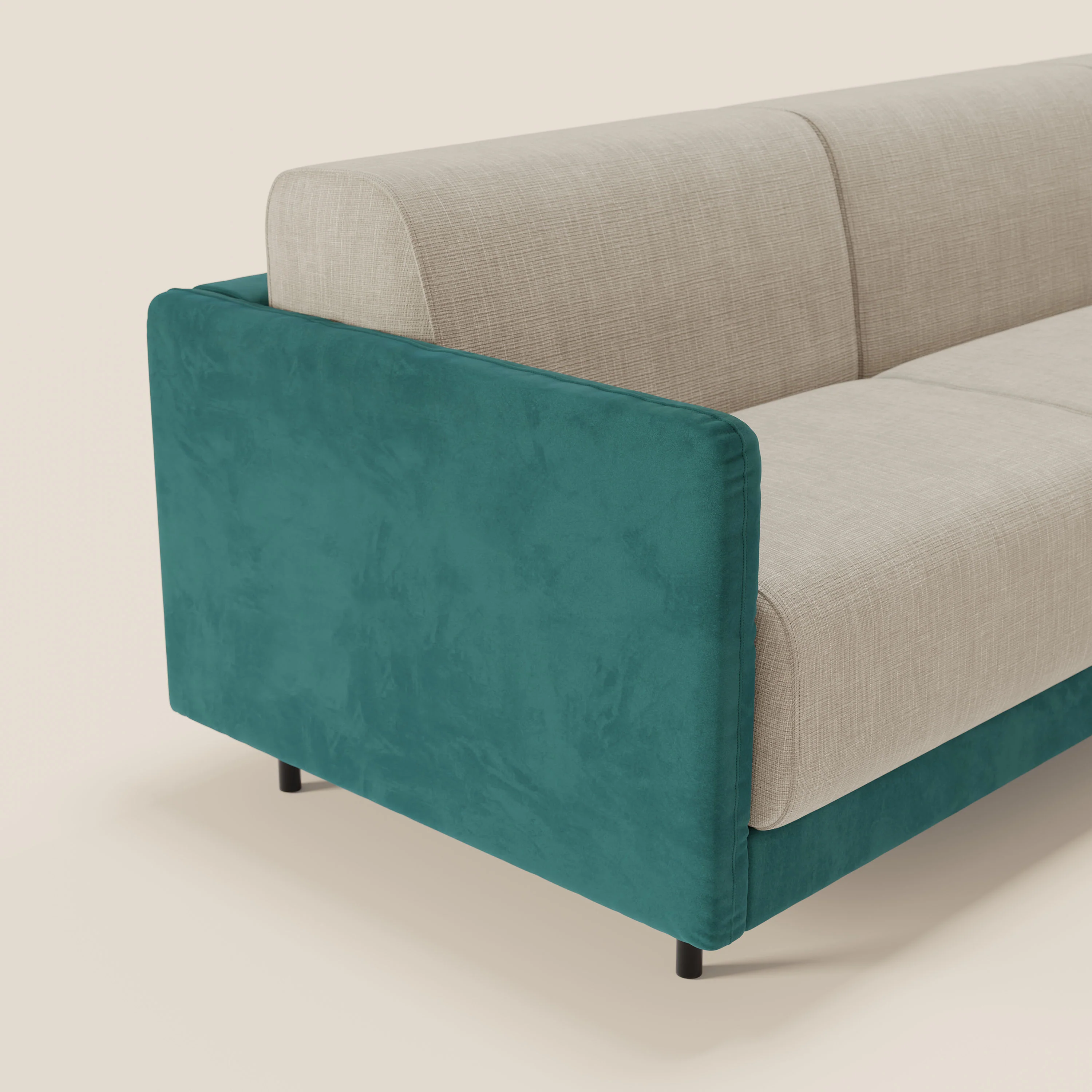 Narciso canapé d'angle convertible avec matelas H18 cm et chaise longue coffre en tissu bicouleur T11 et T06 bleu canard - crème - Image 4