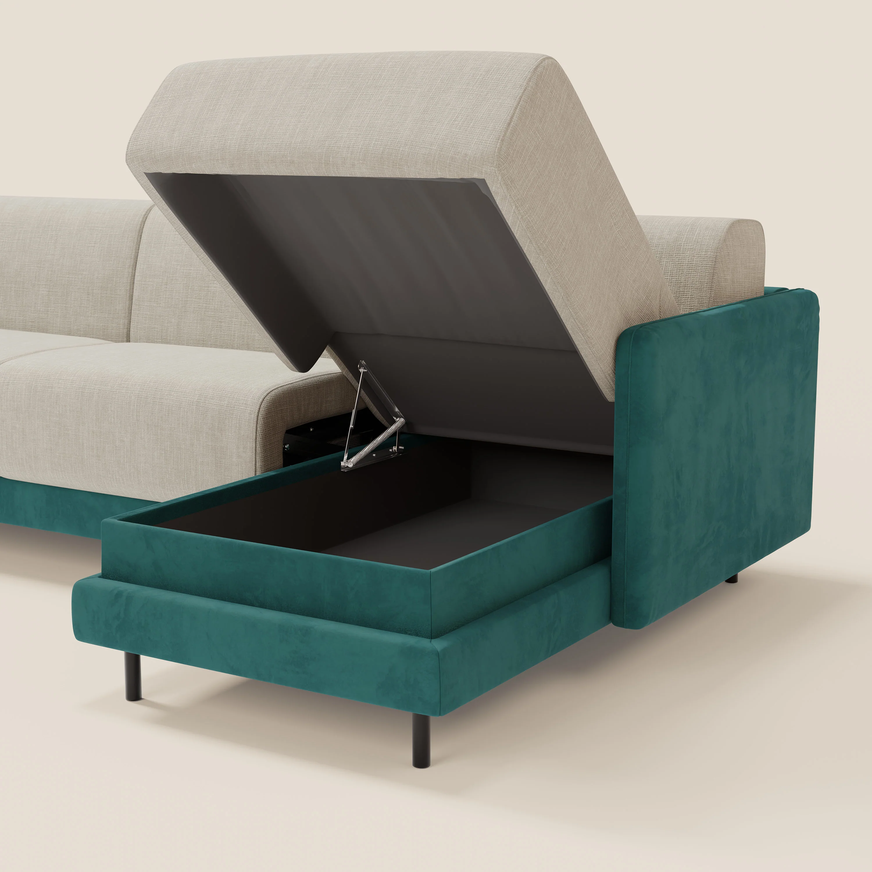 Narciso canapé d'angle convertible avec matelas H18 cm et chaise longue coffre en tissu bicouleur T11 et T06 bleu canard - crème - Image 5