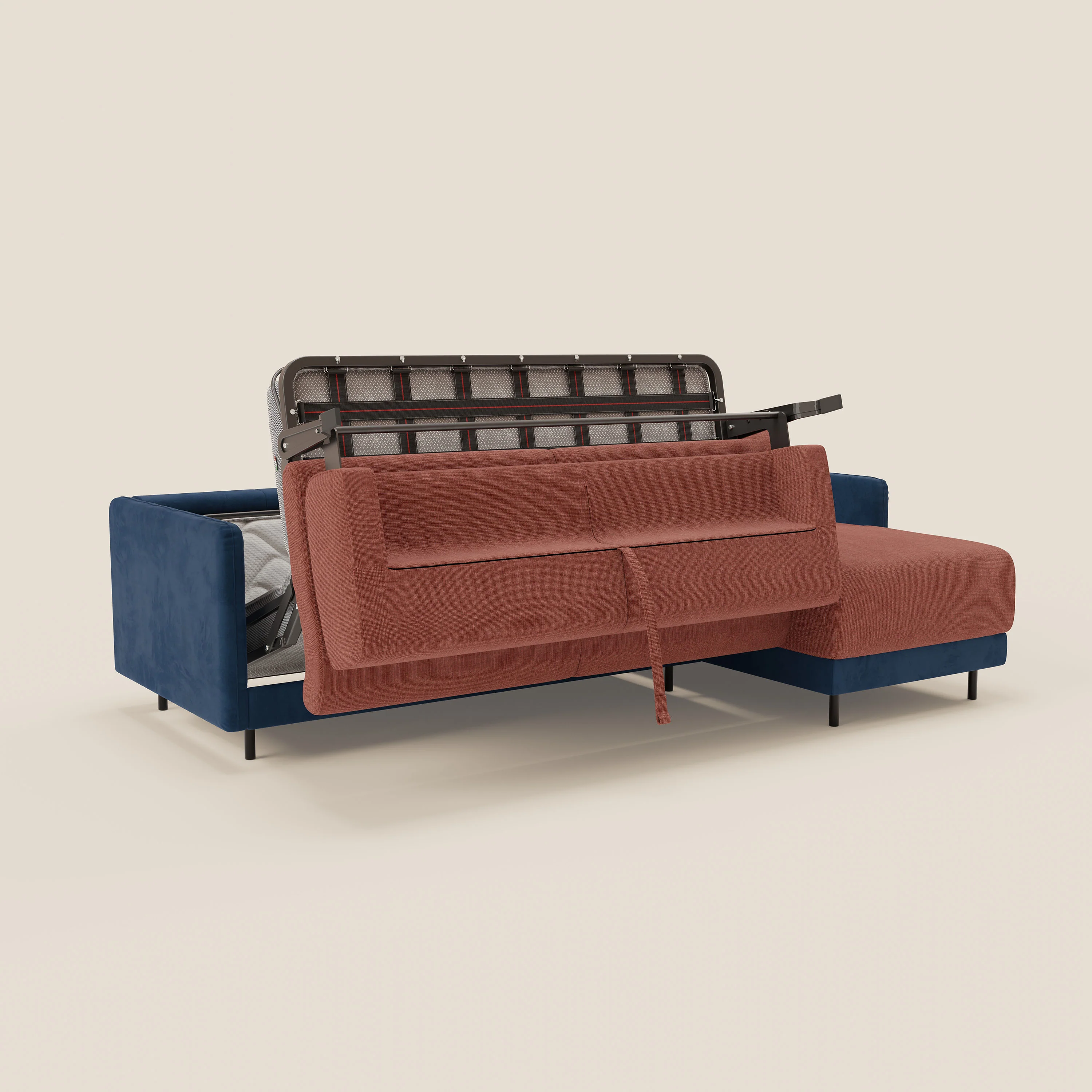 Narciso canapé d'angle convertible avec matelas H18 cm et chaise longue coffre en tissu bicouleur T11 et T06 bleu - corail - Image 10