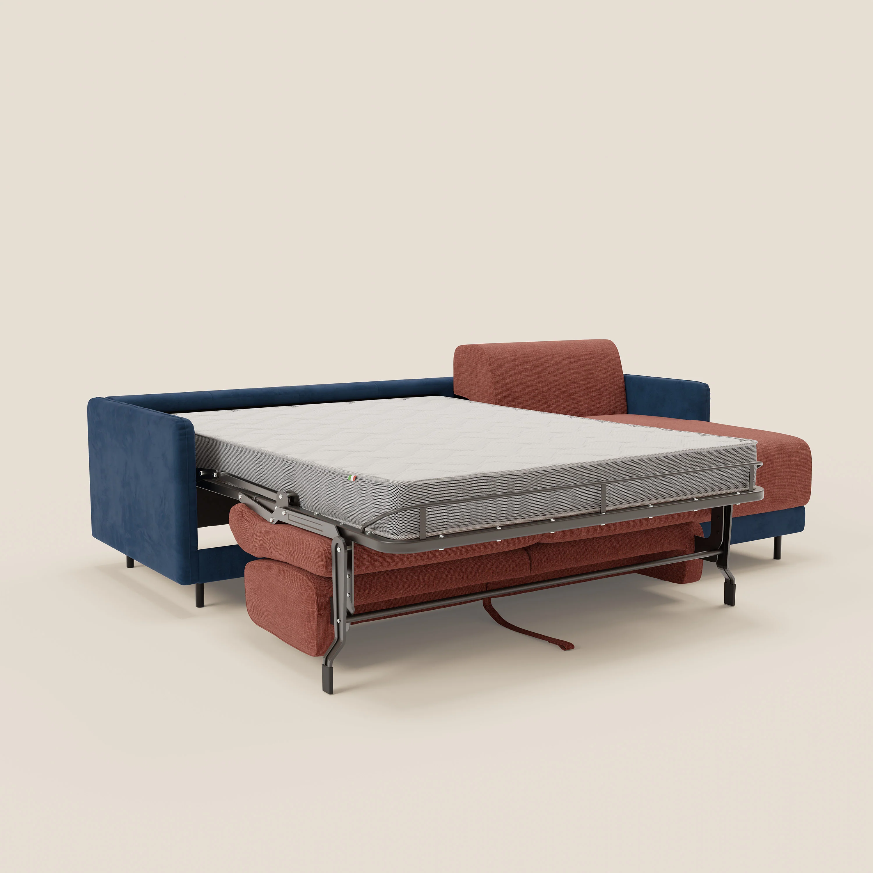 Narciso canapé d'angle convertible avec matelas H18 cm et chaise longue coffre en tissu bicouleur T11 et T06 bleu - corail - Image 11