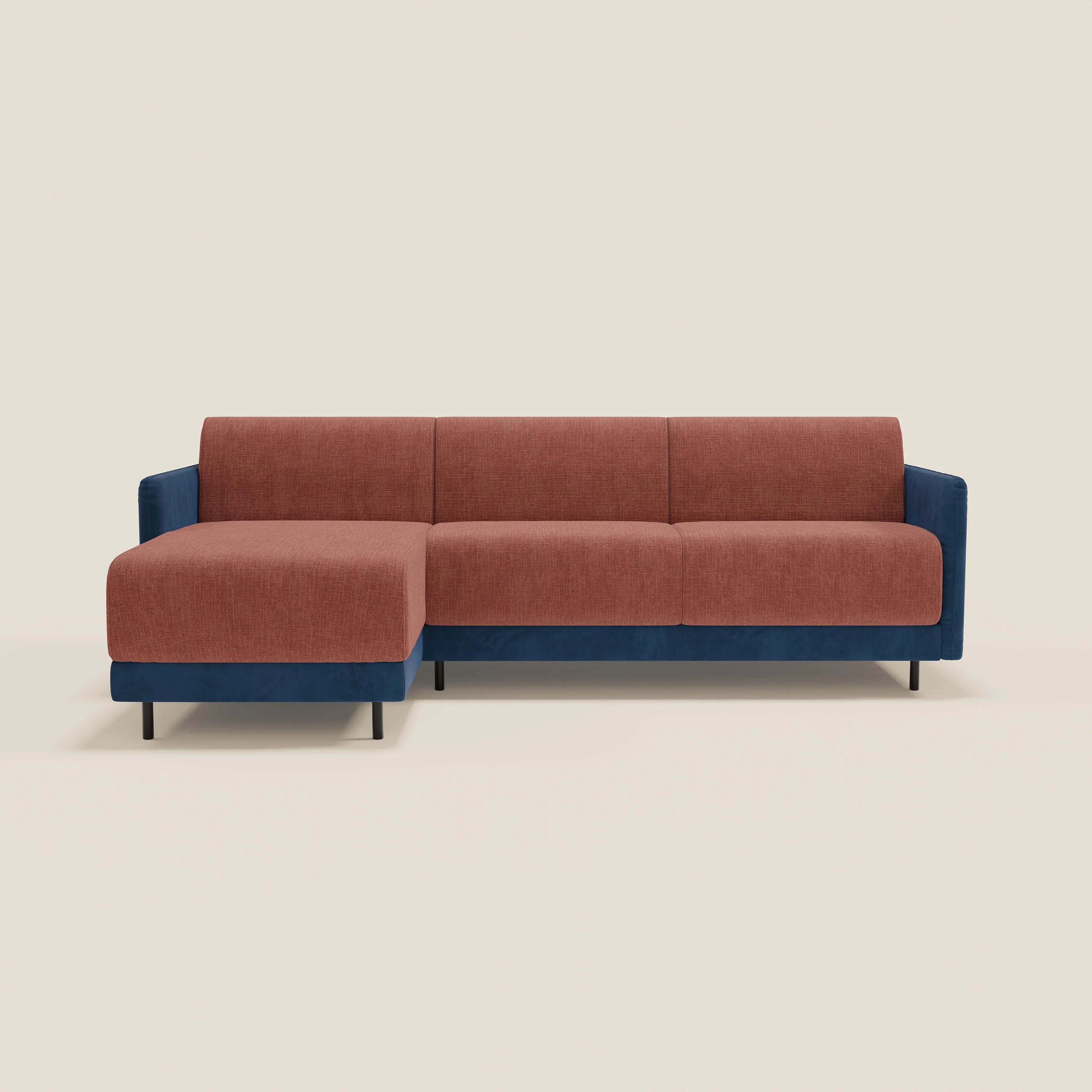 Narciso canapé d'angle convertible avec matelas H18 cm et chaise longue coffre en tissu bicouleur T11 et T06 bleu - corail - Image 12