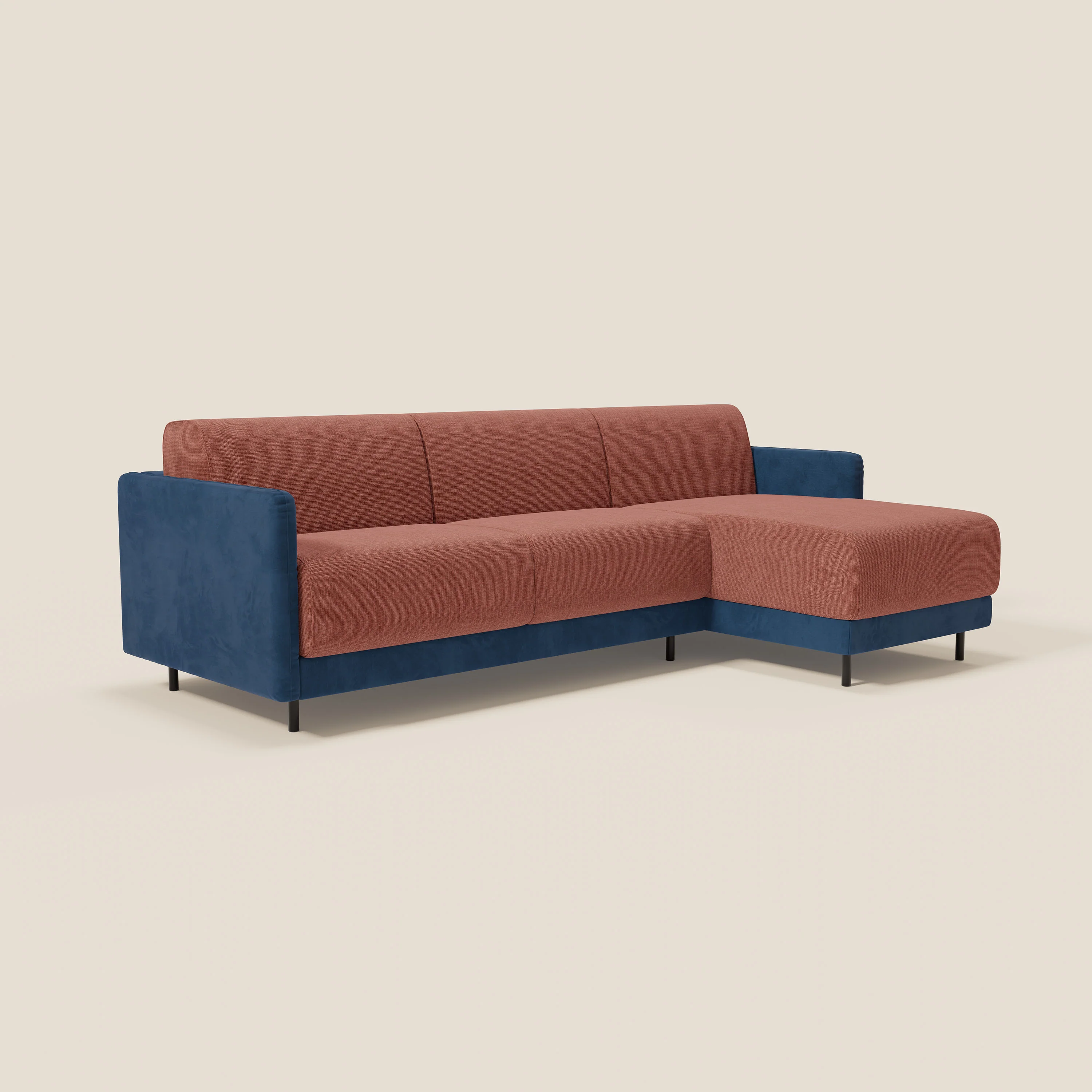 Narciso canapé d'angle convertible avec matelas H18 cm et chaise longue coffre en tissu bicouleur T11 et T06 bleu - corail - Image 3