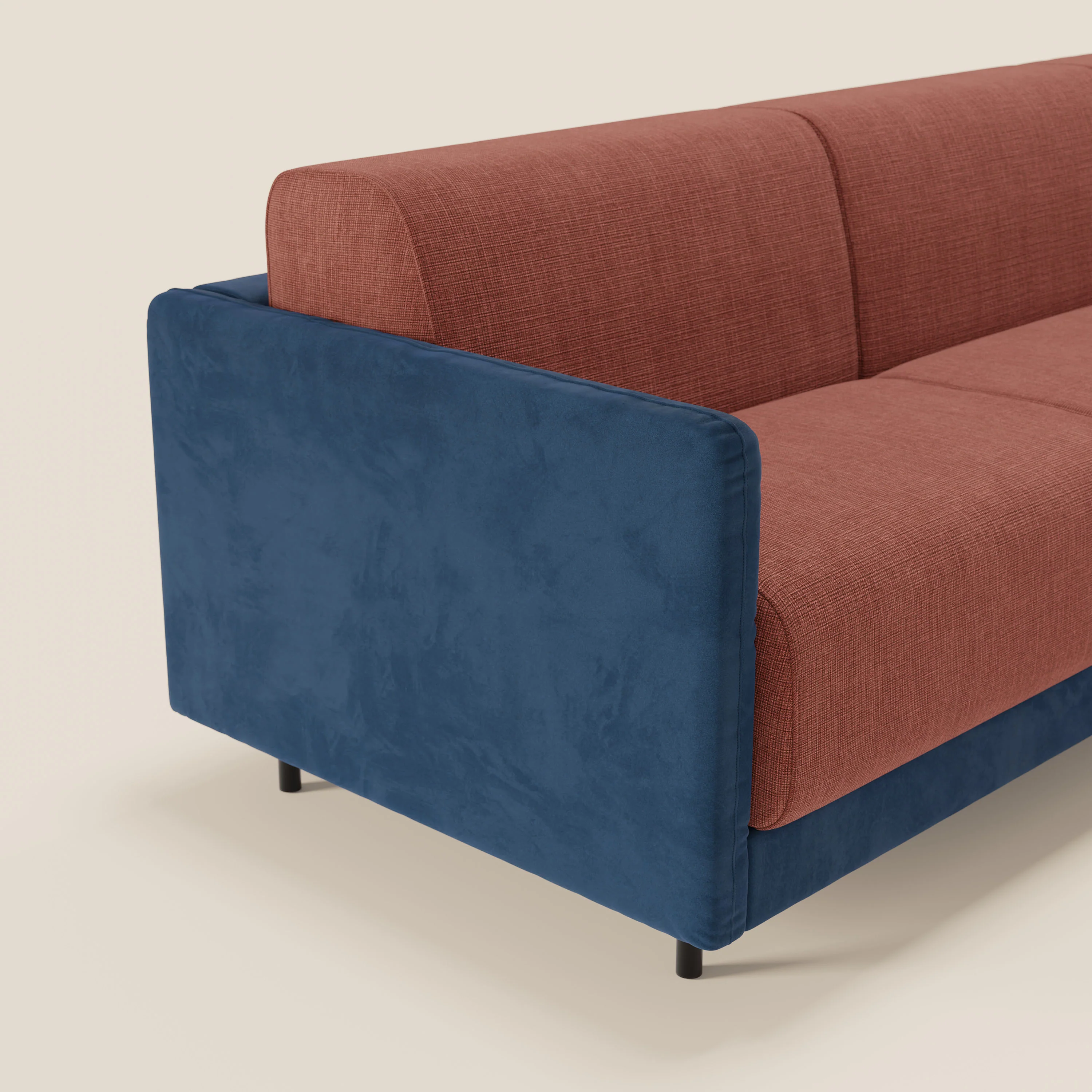 Narciso canapé d'angle convertible avec matelas H18 cm et chaise longue coffre en tissu bicouleur T11 et T06 bleu - corail - Image 4