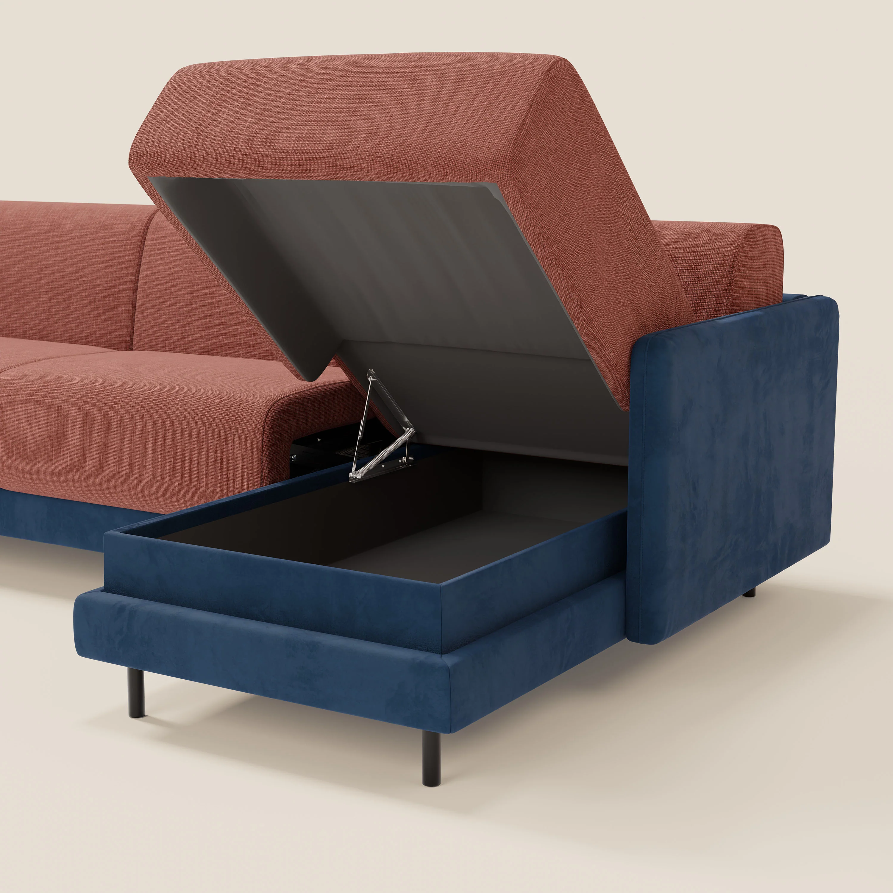Narciso canapé d'angle convertible avec matelas H18 cm et chaise longue coffre en tissu bicouleur T11 et T06 bleu - corail - Image 5