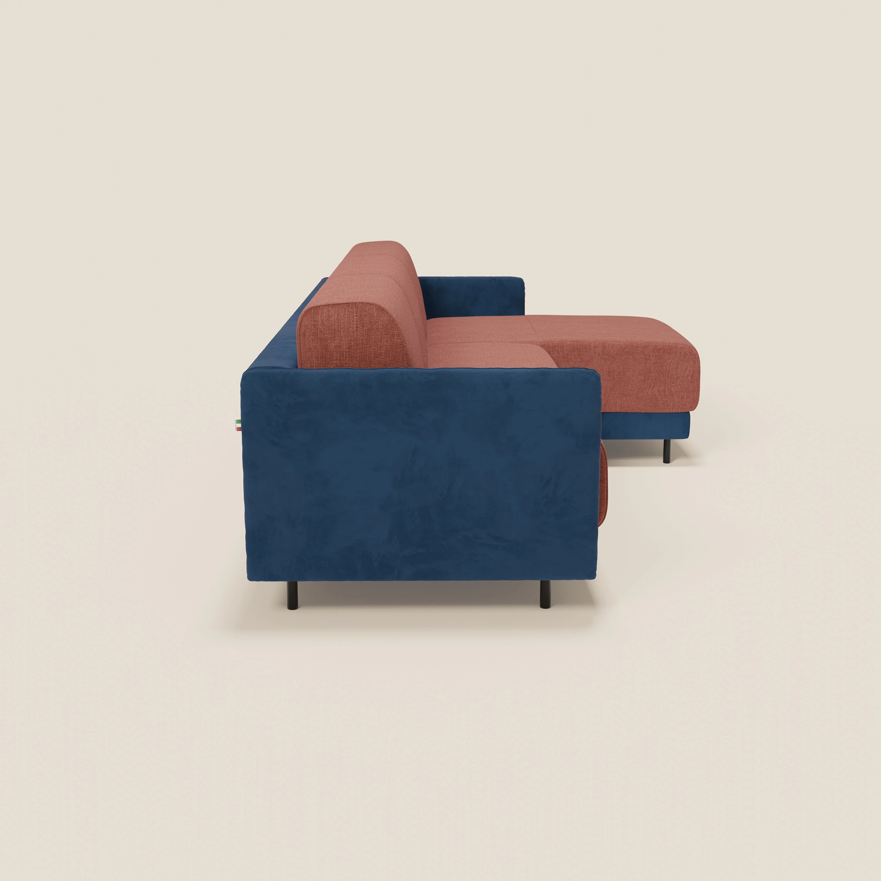 Narciso canapé d'angle convertible avec matelas H18 cm et chaise longue coffre en tissu bicouleur T11 et T06 bleu - corail - Image 6