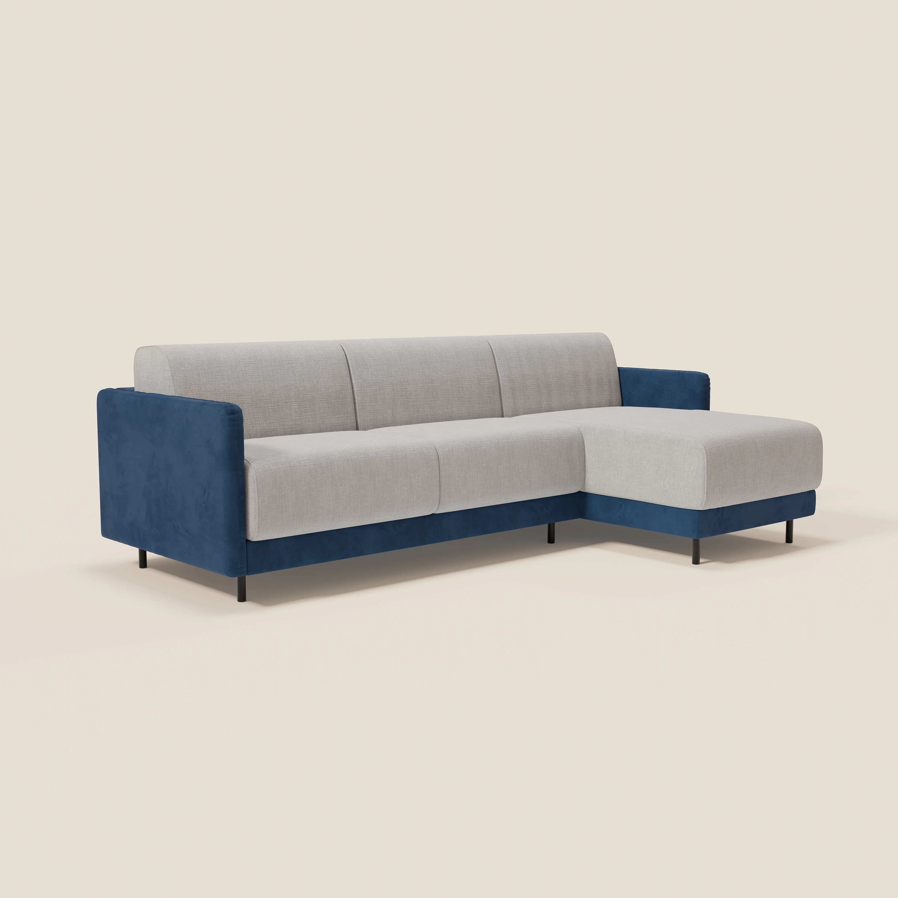 Narciso canapé d'angle convertible avec matelas H18 cm et chaise longue coffre en tissu bicouleur T11 et T06 bleu - gris clair - Image 3