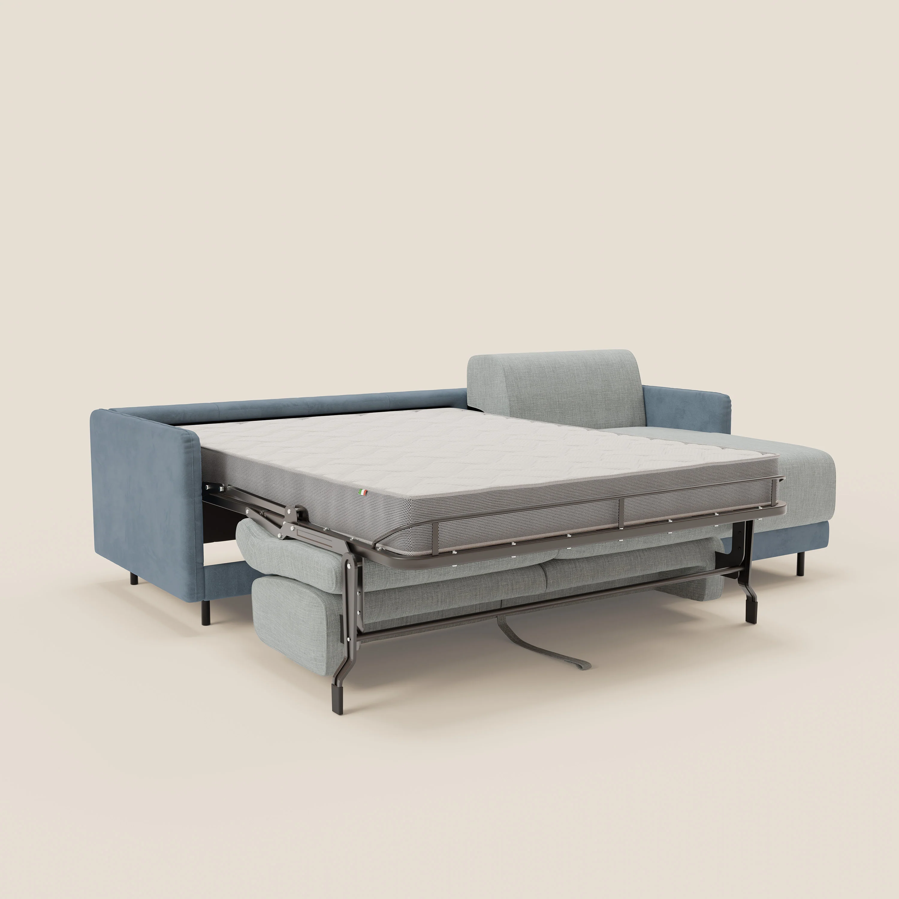 Narciso canapé d'angle convertible avec matelas H18 cm et chaise longue coffre en tissu bicouleur T11 et T06 bleu pastel - bleu glacier - Image 11