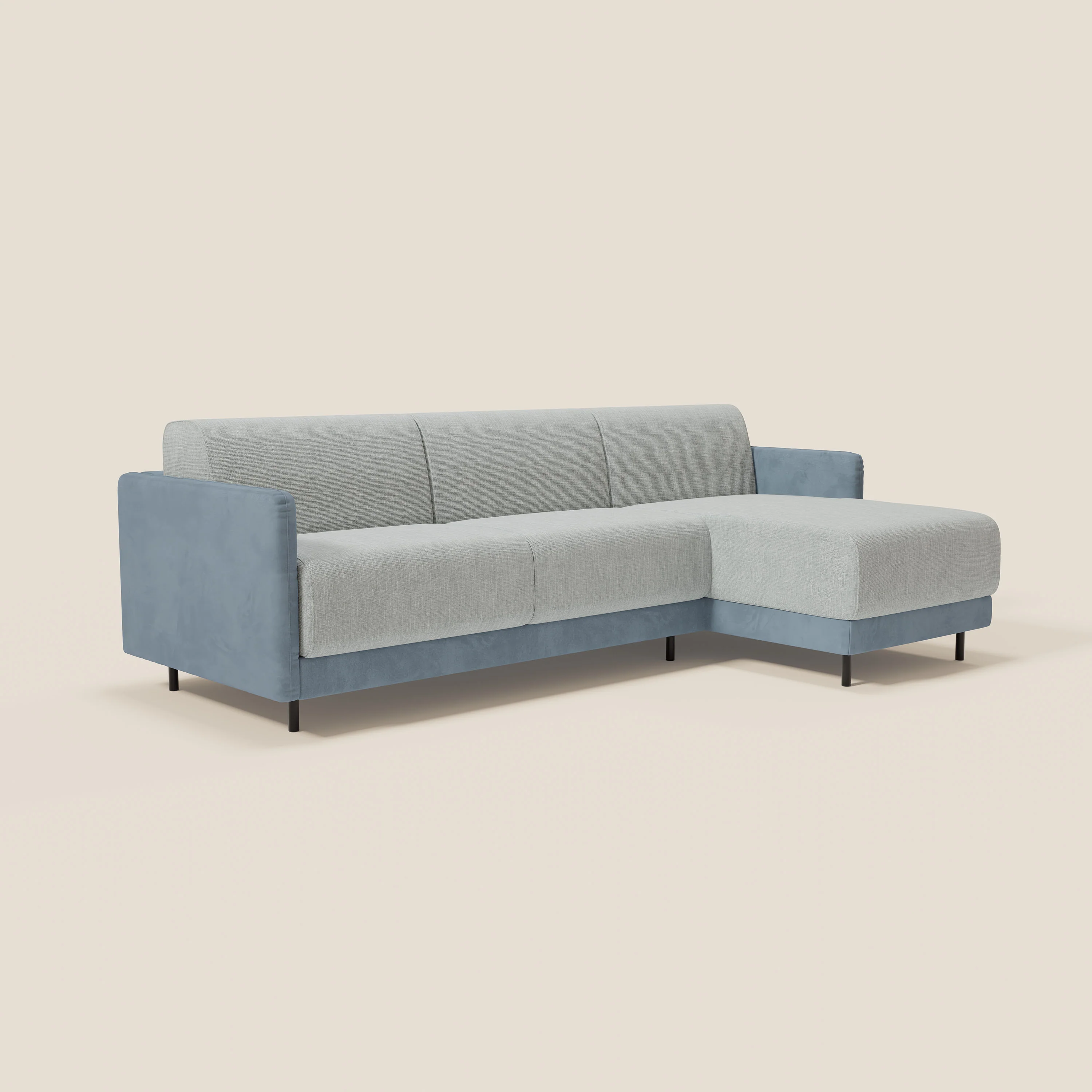 Narciso canapé d'angle convertible avec matelas H18 cm et chaise longue coffre en tissu bicouleur T11 et T06 bleu pastel - bleu glacier - Image 3