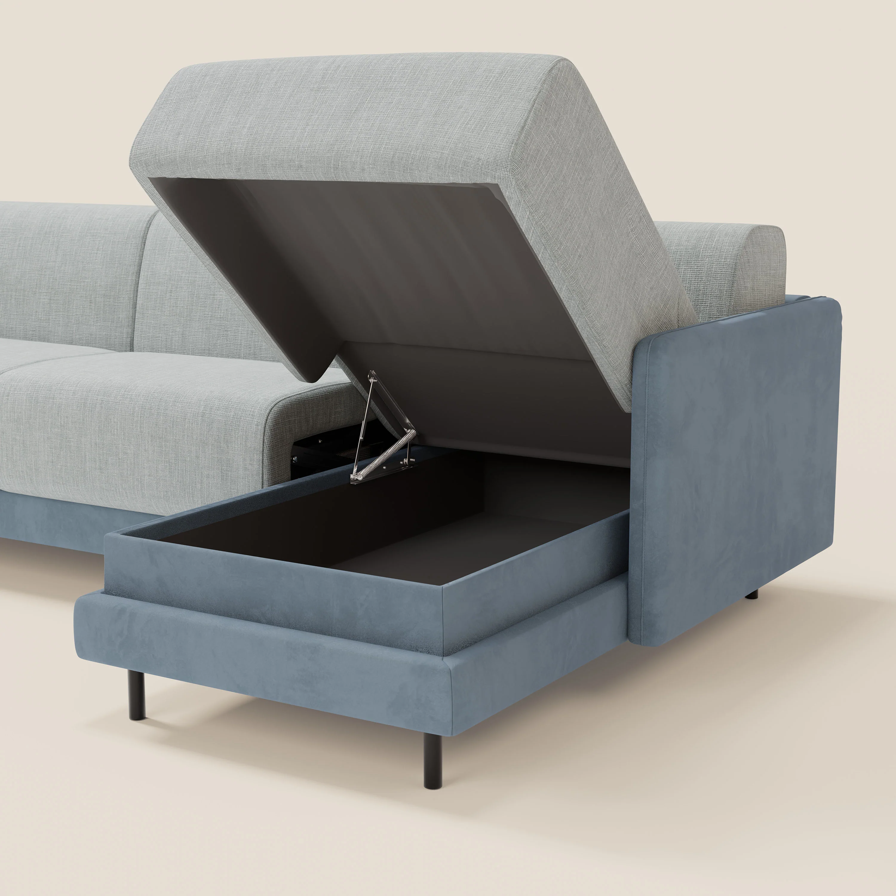 Narciso canapé d'angle convertible avec matelas H18 cm et chaise longue coffre en tissu bicouleur T11 et T06 bleu pastel - bleu glacier - Image 5