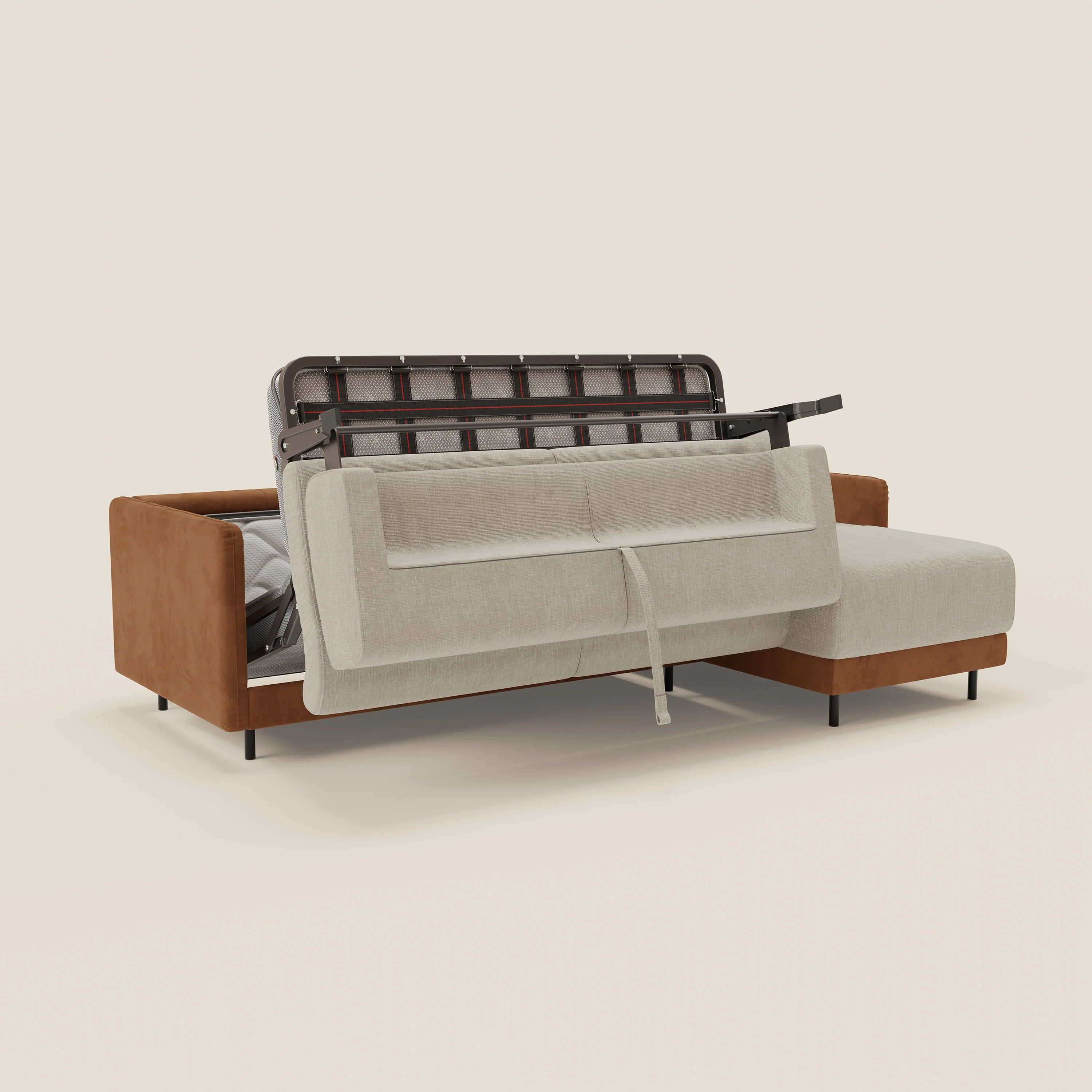 Narciso canapé d'angle convertible avec matelas H18 cm et chaise longue coffre en tissu bicouleur T11 et T06 cuir - crème - Image 10